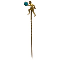 Antique Gold Sword Fighter Shield Warrior Turquoise Cabochon Stickpin Tiepin