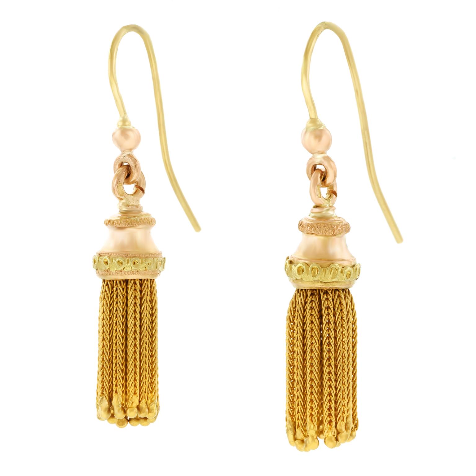 Etruscan Revival Antique Gold Tassel Earrings, French