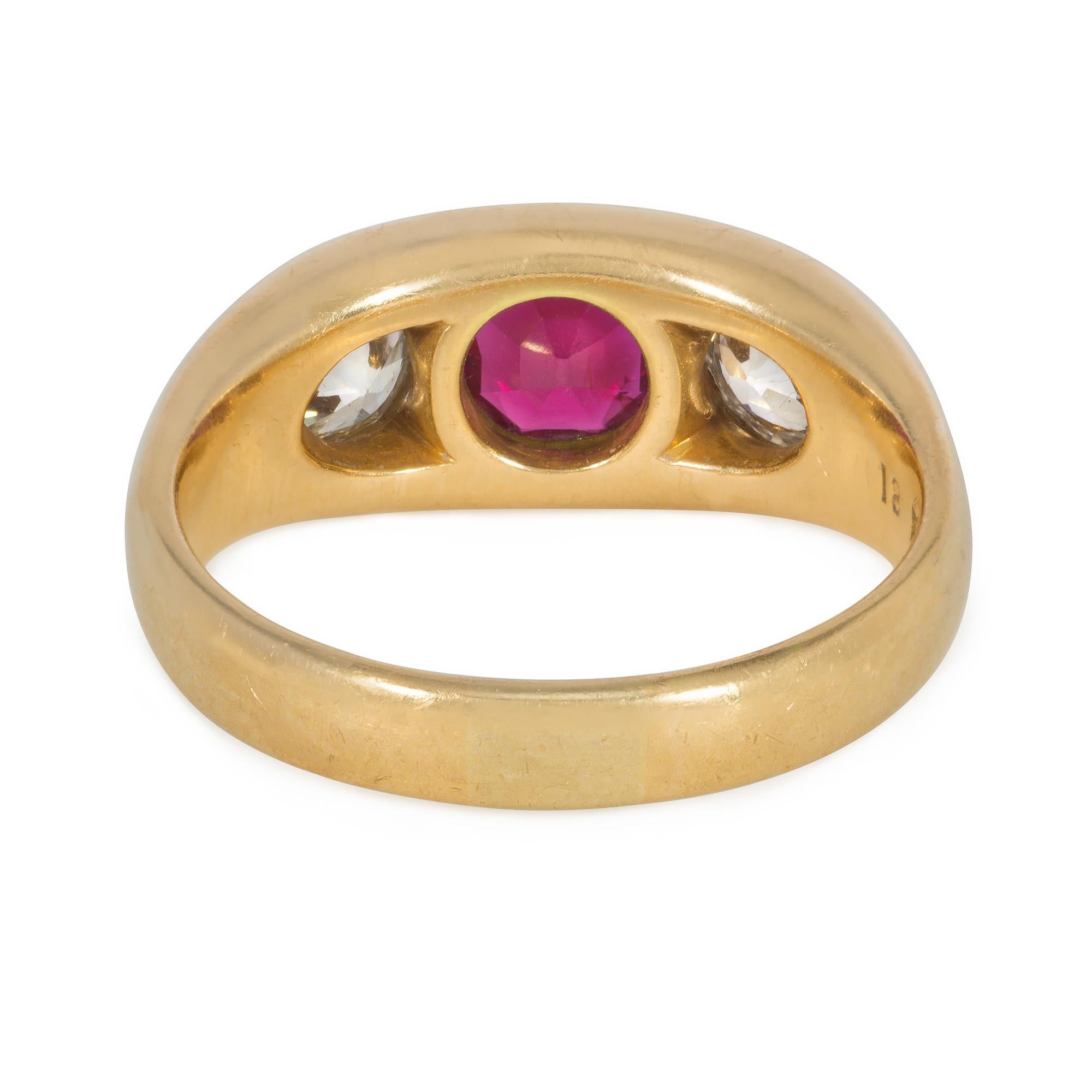Victorian Antique Gold, Thai Ruby, and Diamond Three-Stone Ring with AGL Certificate For Sale