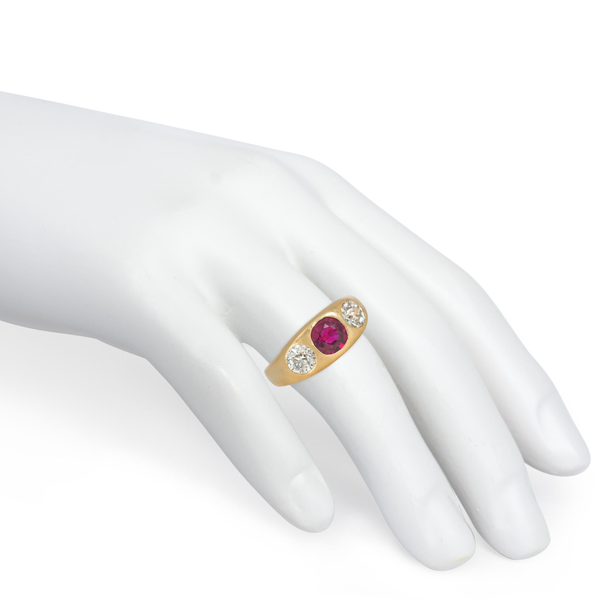 Cushion Cut Antique Gold, Thai Ruby, and Diamond Three-Stone Ring with AGL Certificate For Sale
