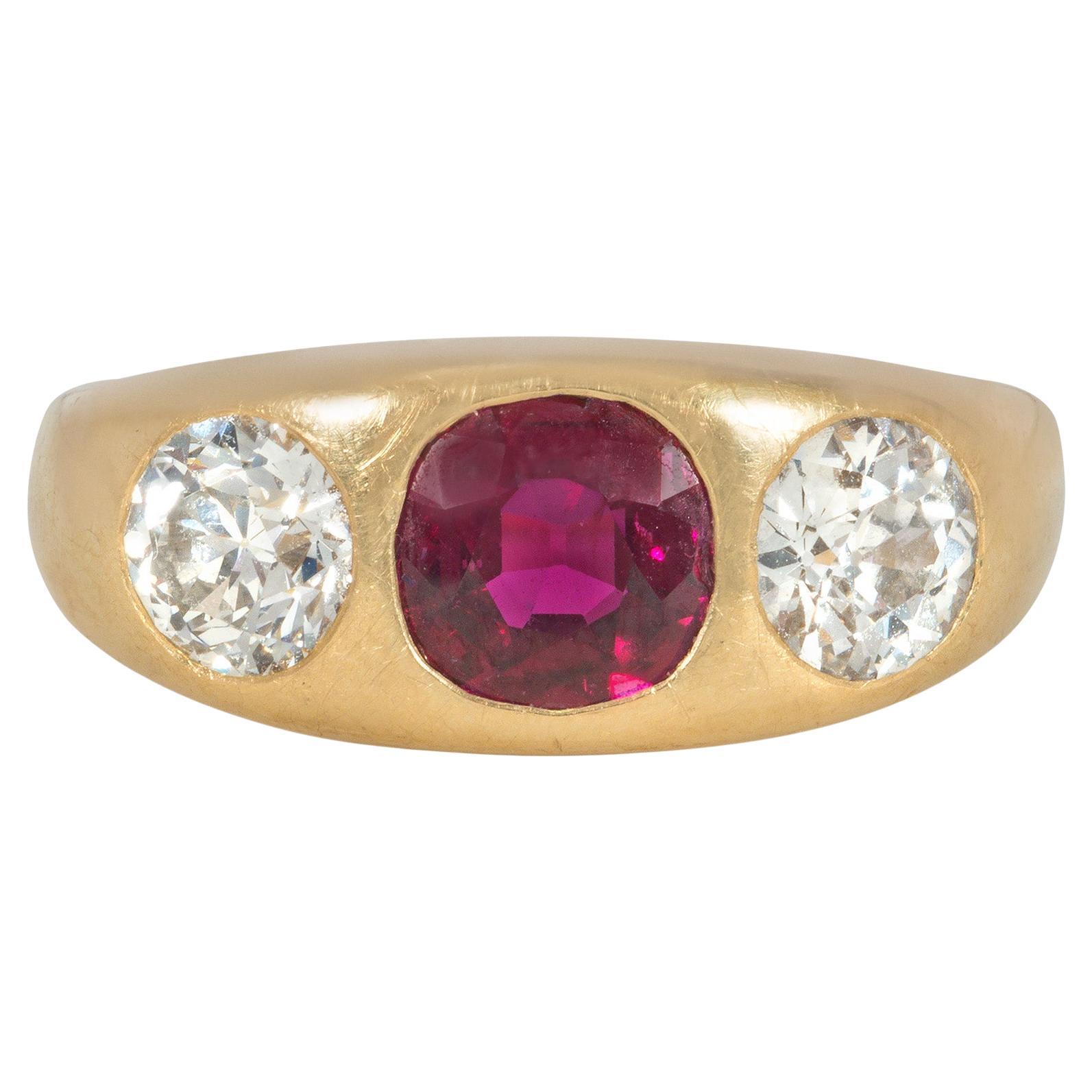 Antique Gold, Thai Ruby, and Diamond Three-Stone Ring with AGL Certificate For Sale
