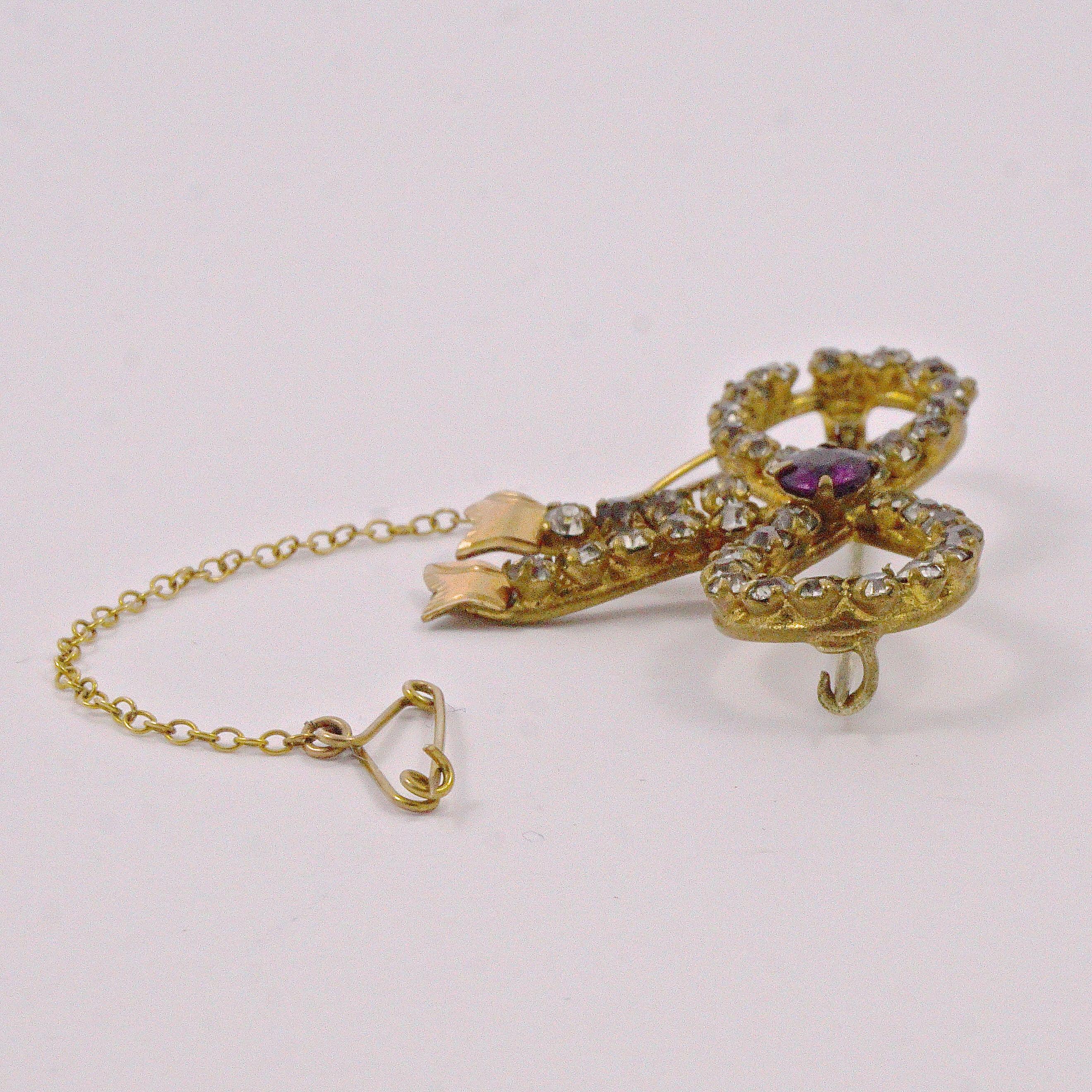 Antique Gold Tone Amethyst and Clear Paste Bow Brooch circa 1910 For Sale 2