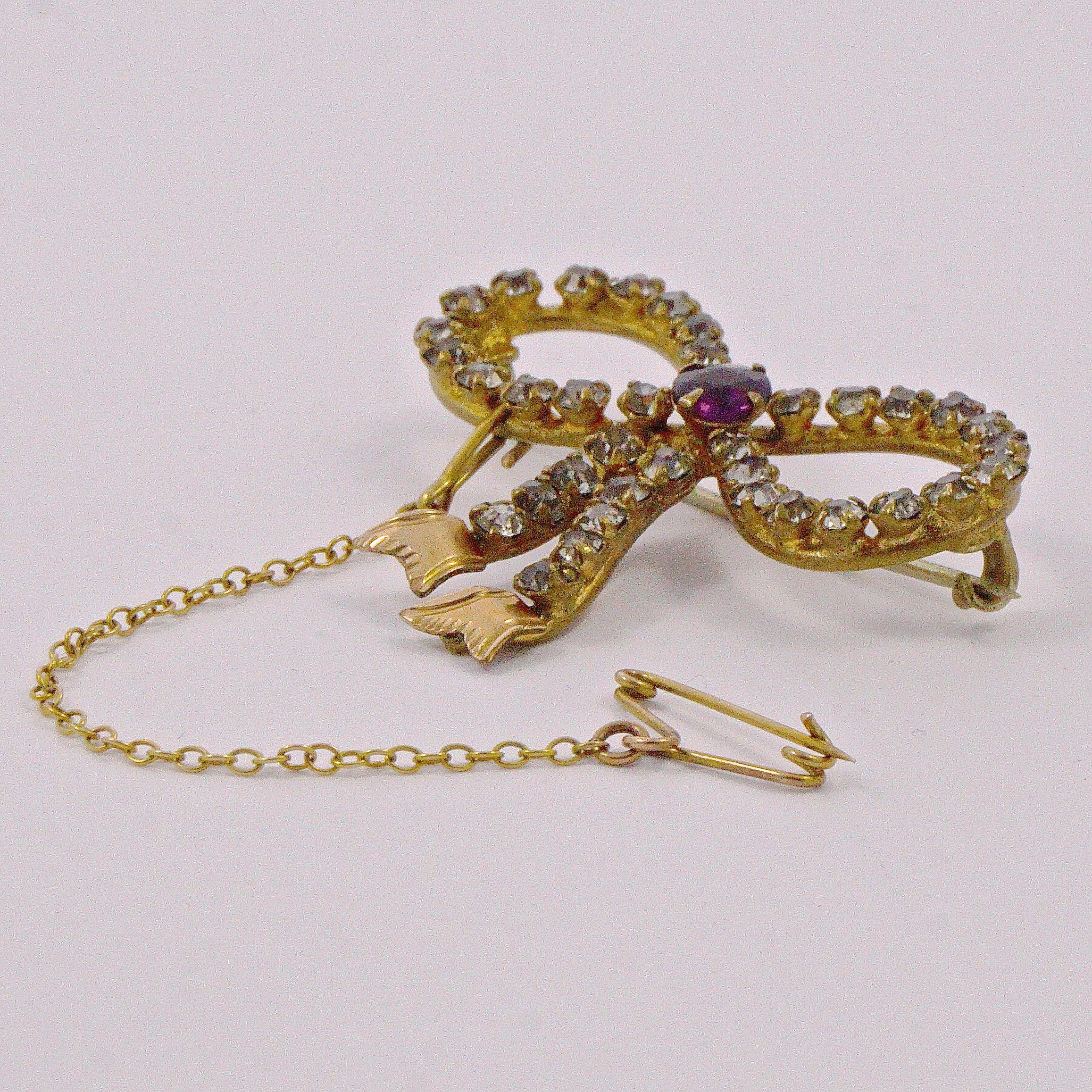 Antique Gold Tone Amethyst and Clear Paste Bow Brooch circa 1910 For Sale 3