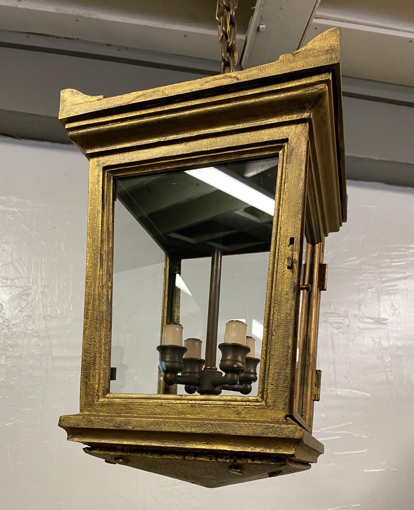 Antique Gold Toned Regency Style Iron Hanging Lantern In Good Condition For Sale In Sheffield, MA