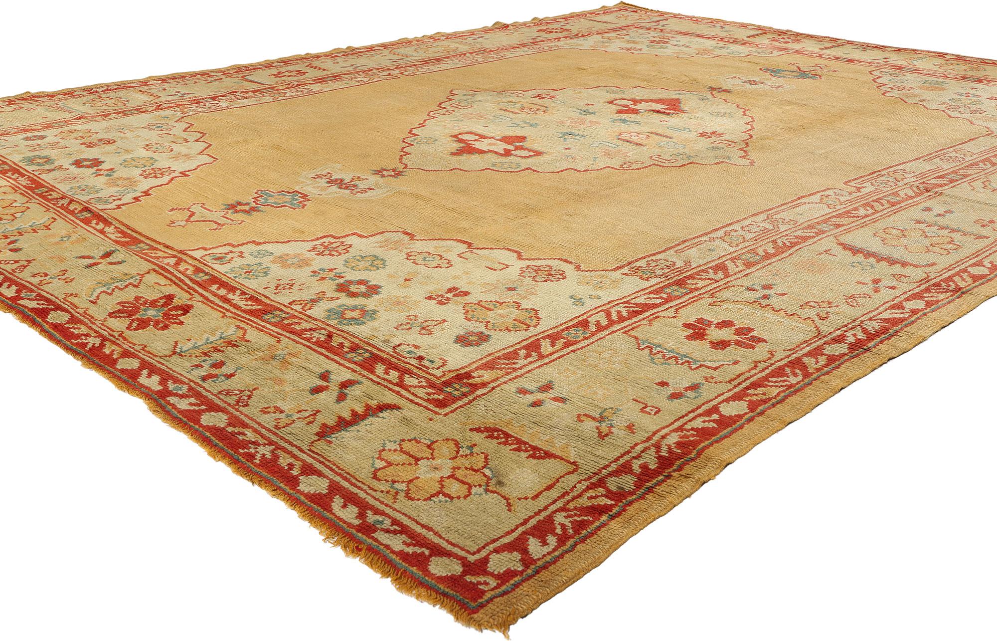 74032 Antique Turkish Oushak Rug, 09'03 x 11'10. Woven beneath Anatolia’s golden light, this hand knotted wool antique Turkish Oushak rug unfurls like a page from an epic poem—each thread a stanza of harmony and heritage. At the heart of the