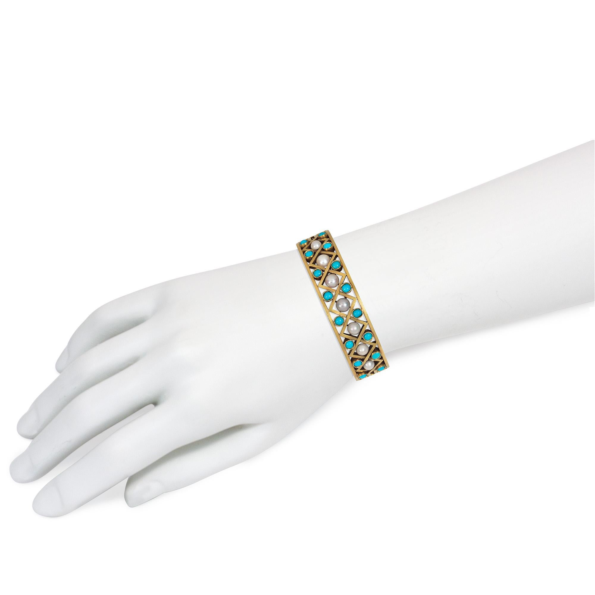 Victorian Antique Gold, Turquoise, and Pearl Openwork Bangle Bracelet with Lattice Design For Sale