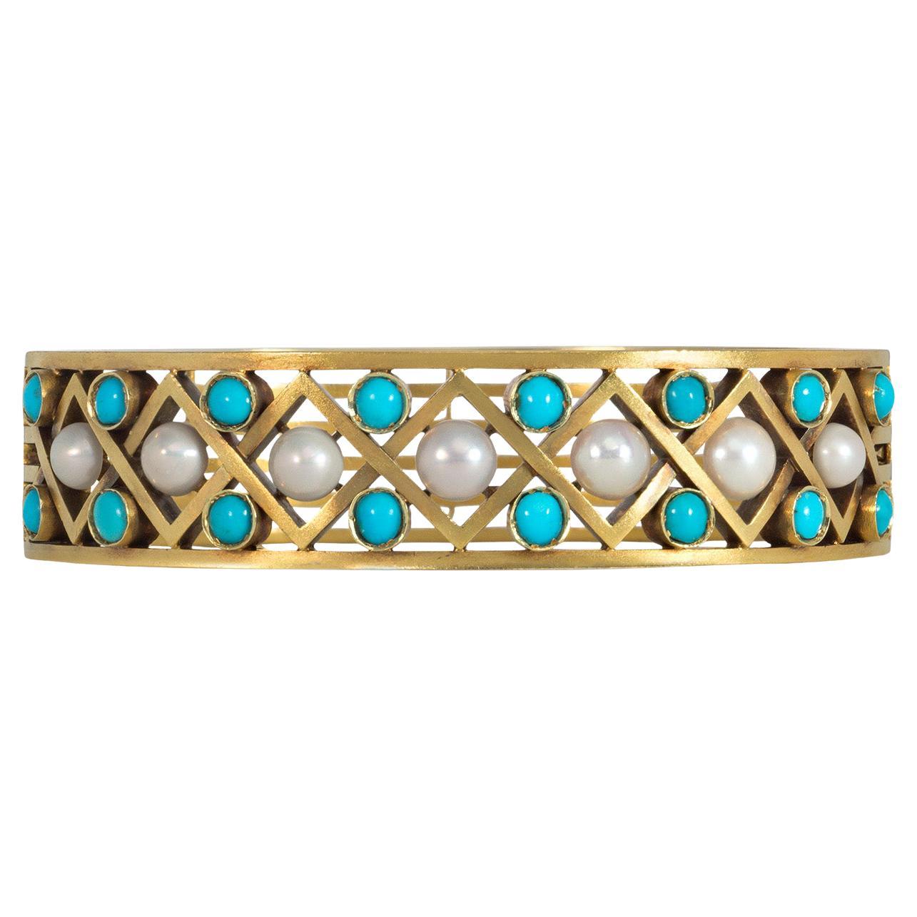 Antique Gold, Turquoise, and Pearl Openwork Bangle Bracelet with Lattice Design For Sale