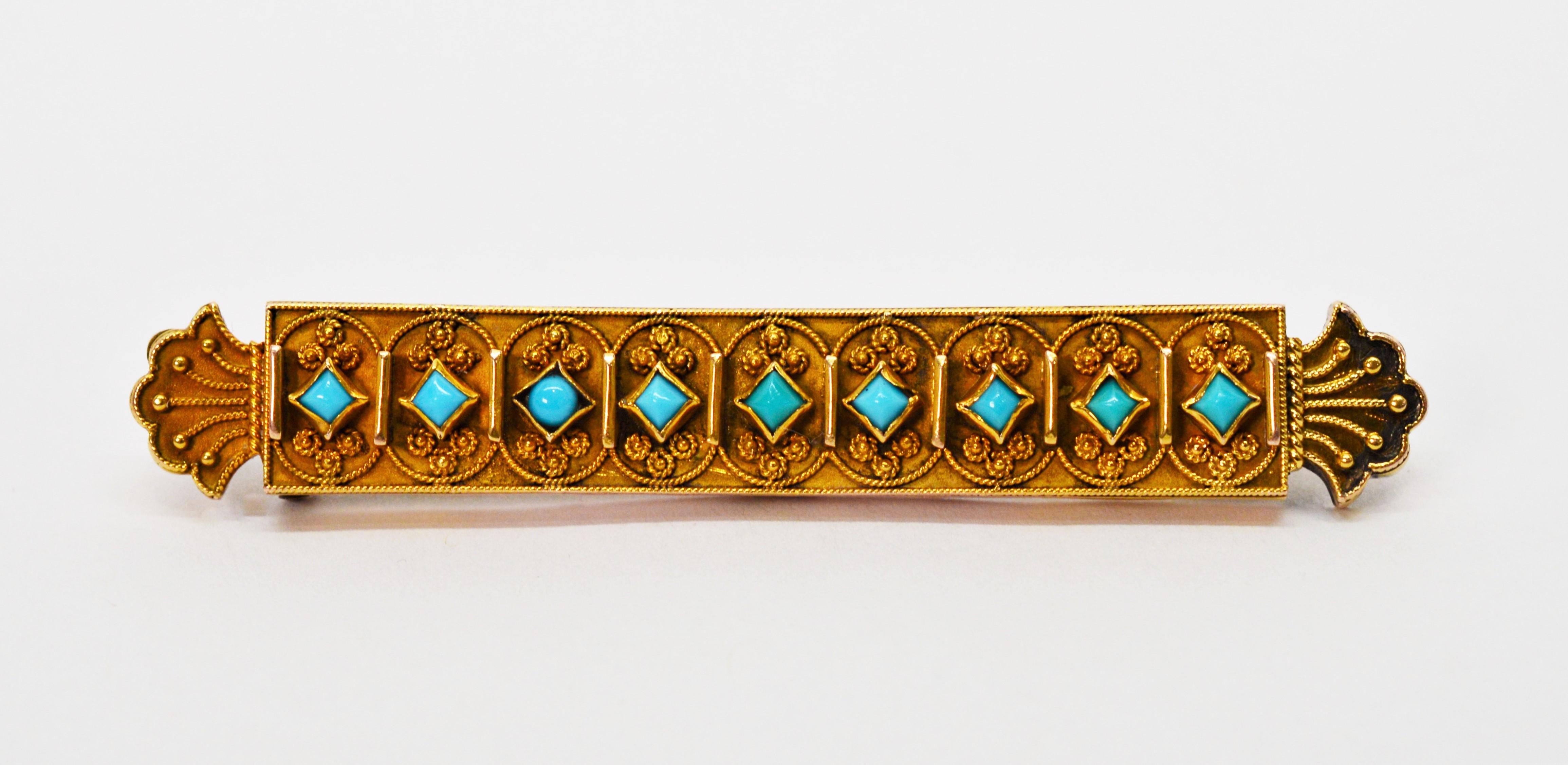 Broche ancienne en forme de barre en or et turquoise en vente 1
