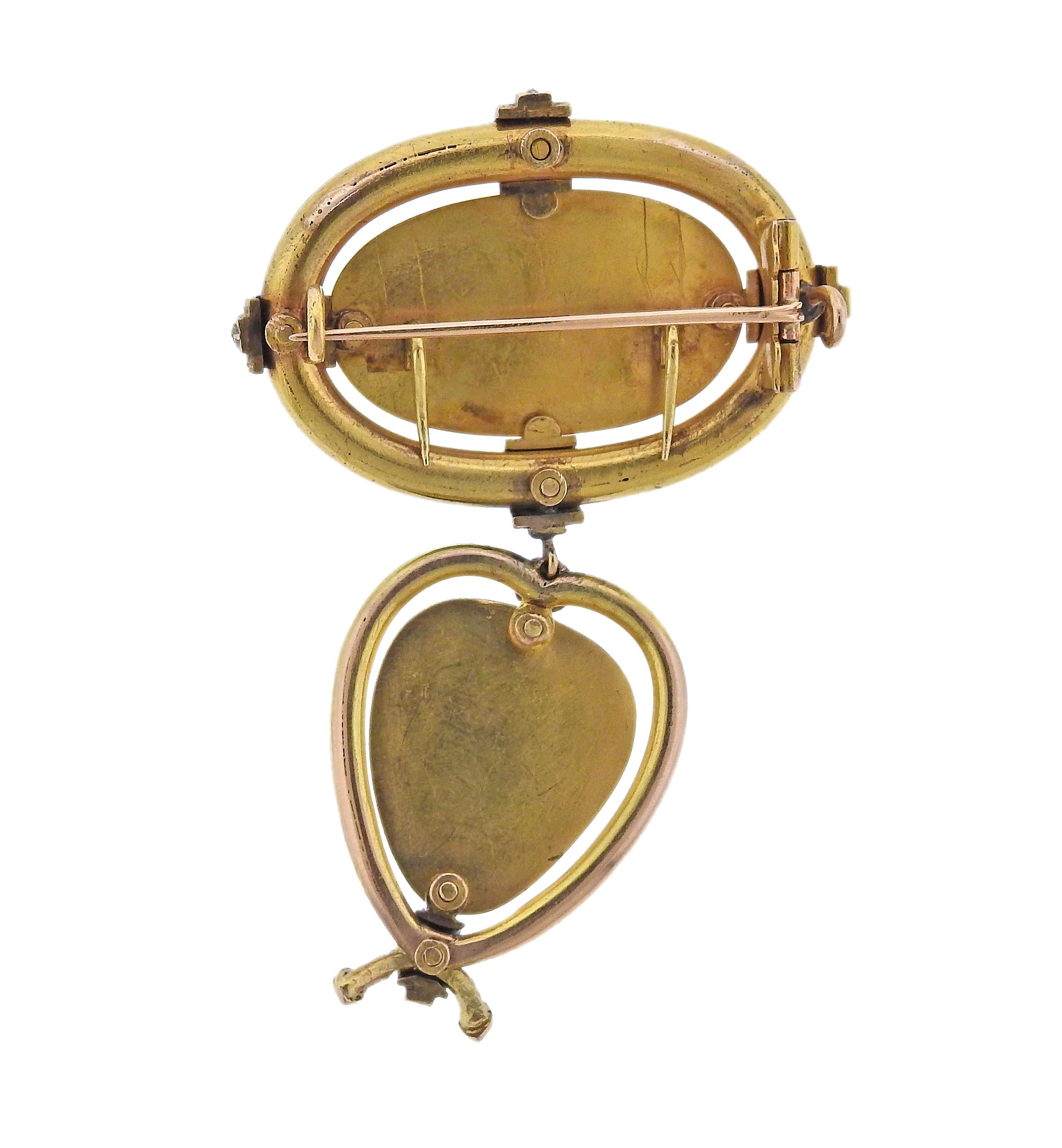 Antike Gold Türkis Diamant Emaille Brosche Anhänger im Zustand „Gut“ im Angebot in New York, NY
