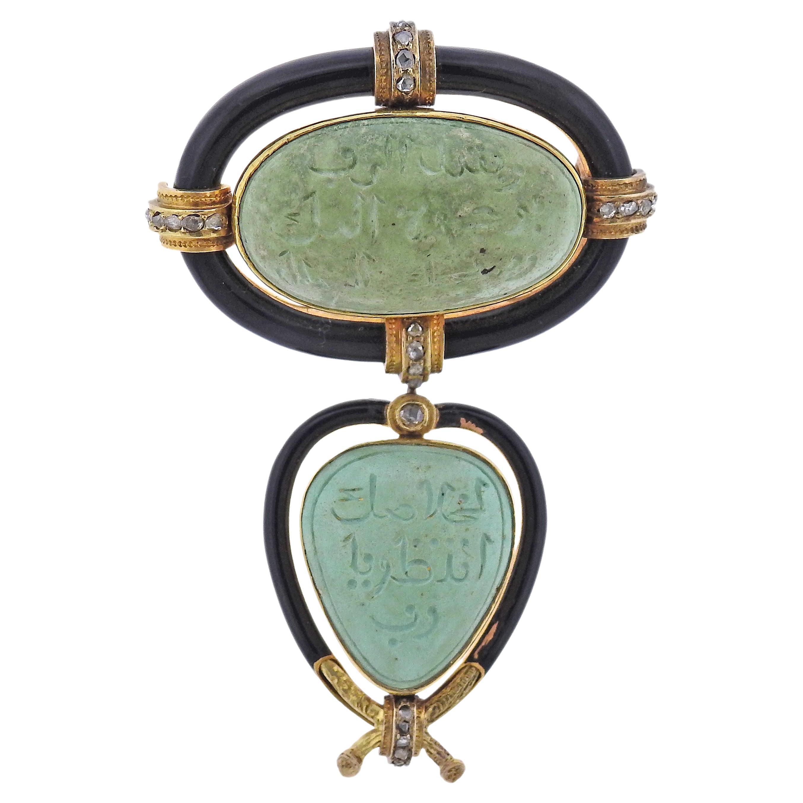 Antique Gold Turquoise Diamond Enamel Brooch Pendant