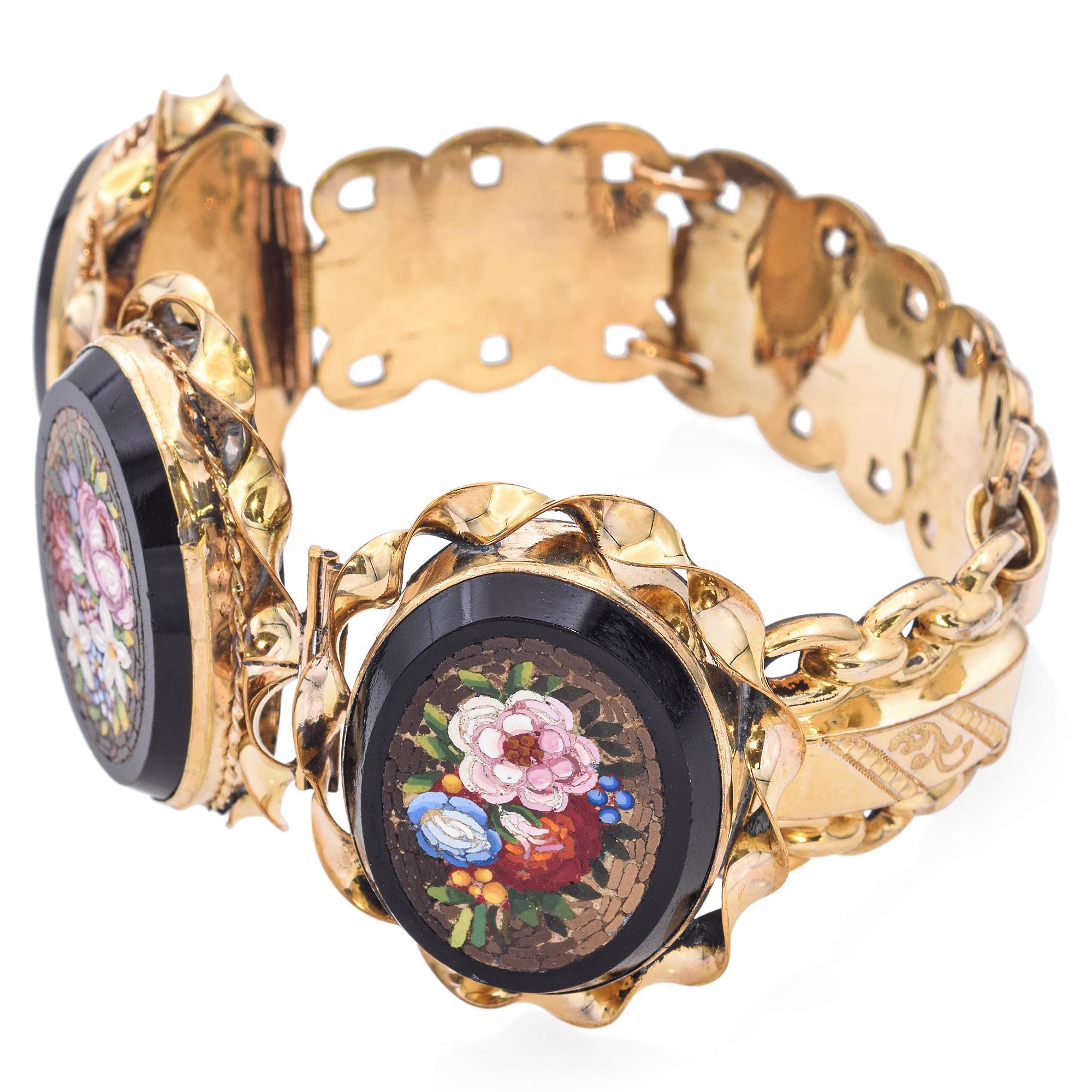 De las mujeres Pulsera Vermeil Oro Antiguo Micro Mosaico Floral en venta