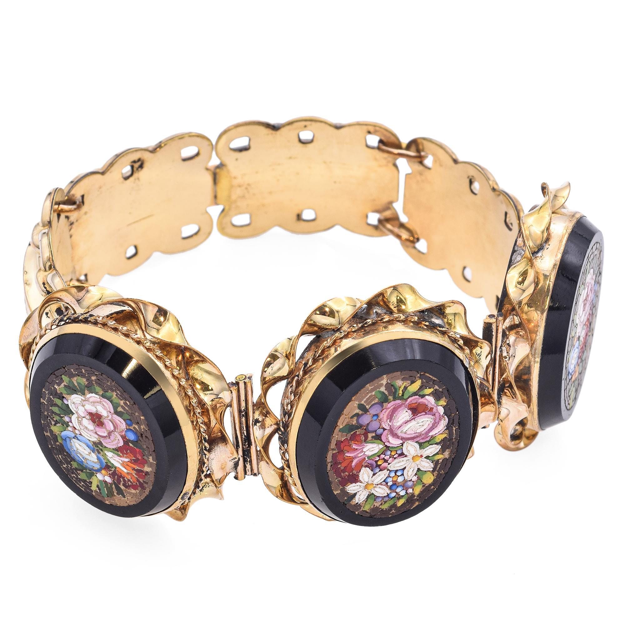 Pulsera Vermeil Oro Antiguo Micro Mosaico Floral en venta 1