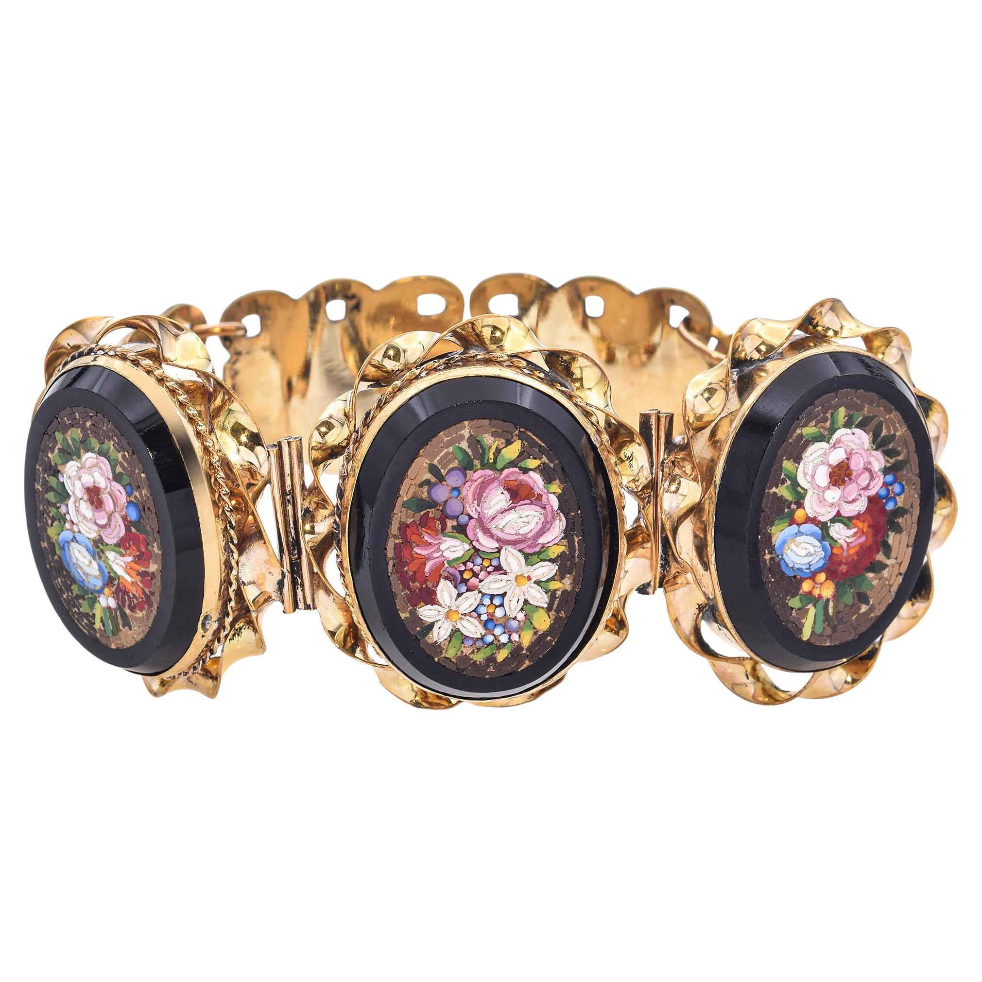 Antique Gold Vermeil Floral Micro Mosaic Bracelet