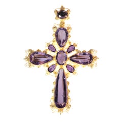 Antique Gold Victorian Filigree Cross Ten Beautiful Amethysts Brooch/Pendant