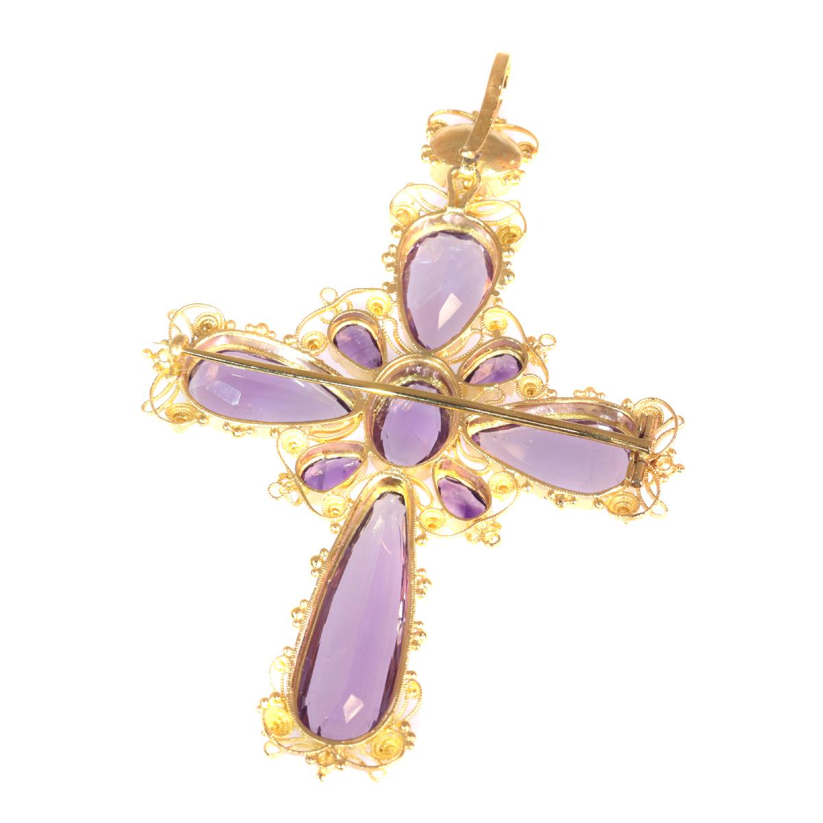 Antique Gold Victorian Filigree Cross Ten Beautiful Amethysts Brooch/Pendant For Sale 3