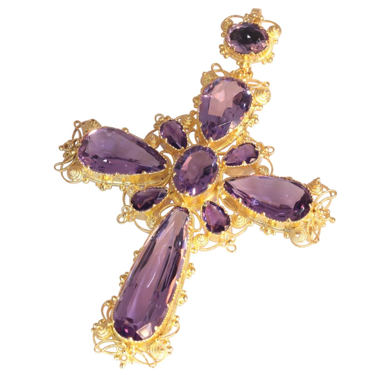 Antique Gold Victorian Filigree Cross Ten Beautiful Amethysts Brooch/Pendant For Sale