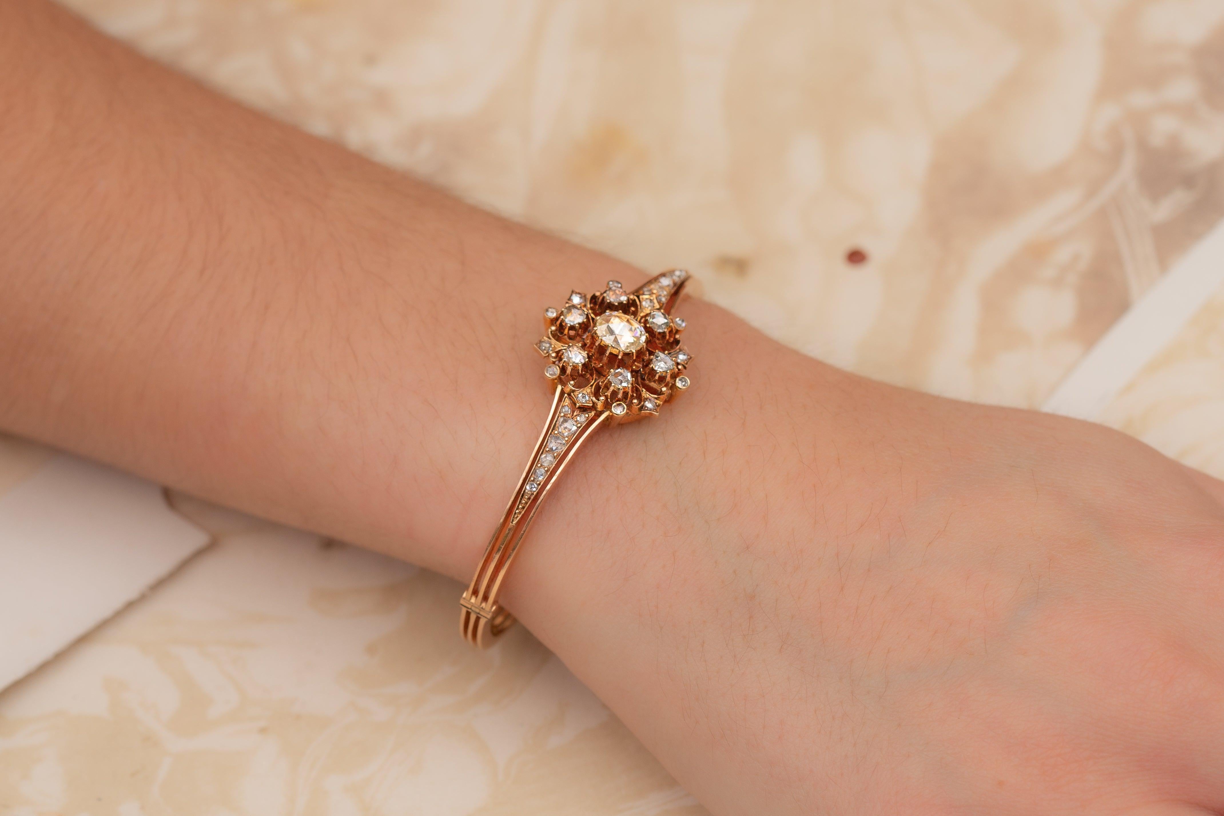 This remarkable Victorian diamond bangle was crafted in the city of Gouda, Netherlands, around 1870. It features 33 rose-cut diamonds, carefully set in closed-back foiled settings, a technique designed to enhance their natural brilliance under