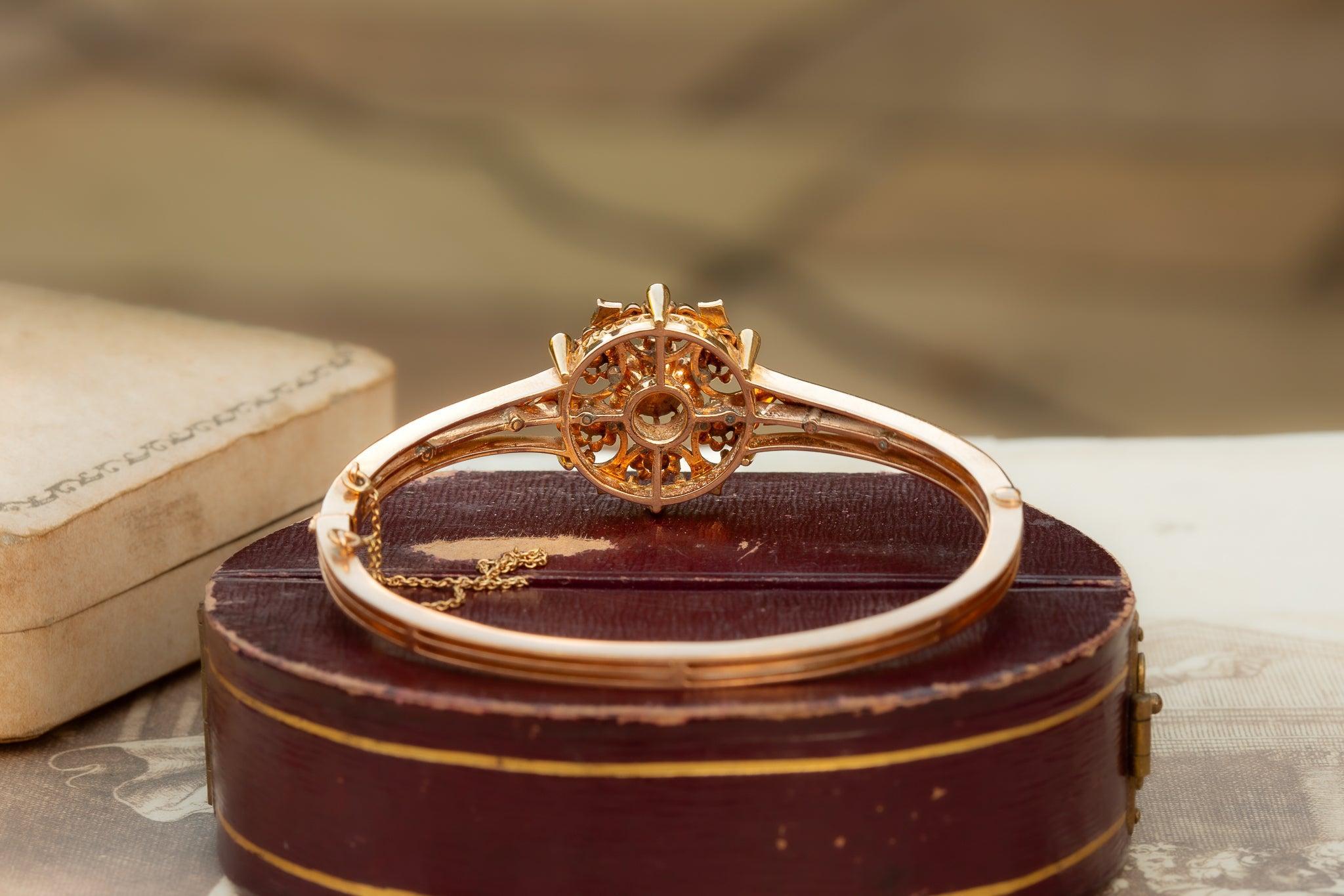 Women's Antique Gold Victorian Rose Cut Diamond Bangle 14K Diamond Cluster Bracelet For Sale