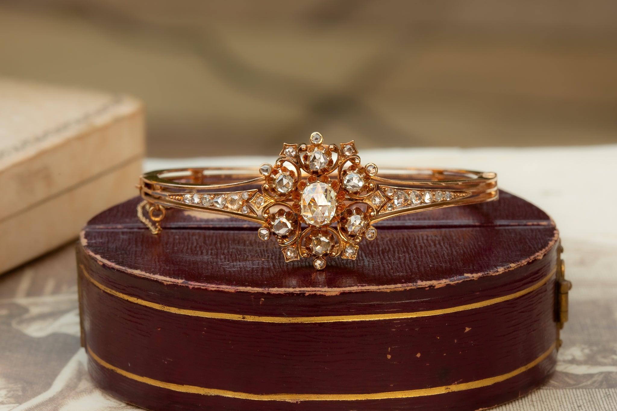 Antique Gold Victorian Rose Cut Diamond Bangle 14K Diamond Cluster Bracelet For Sale 1