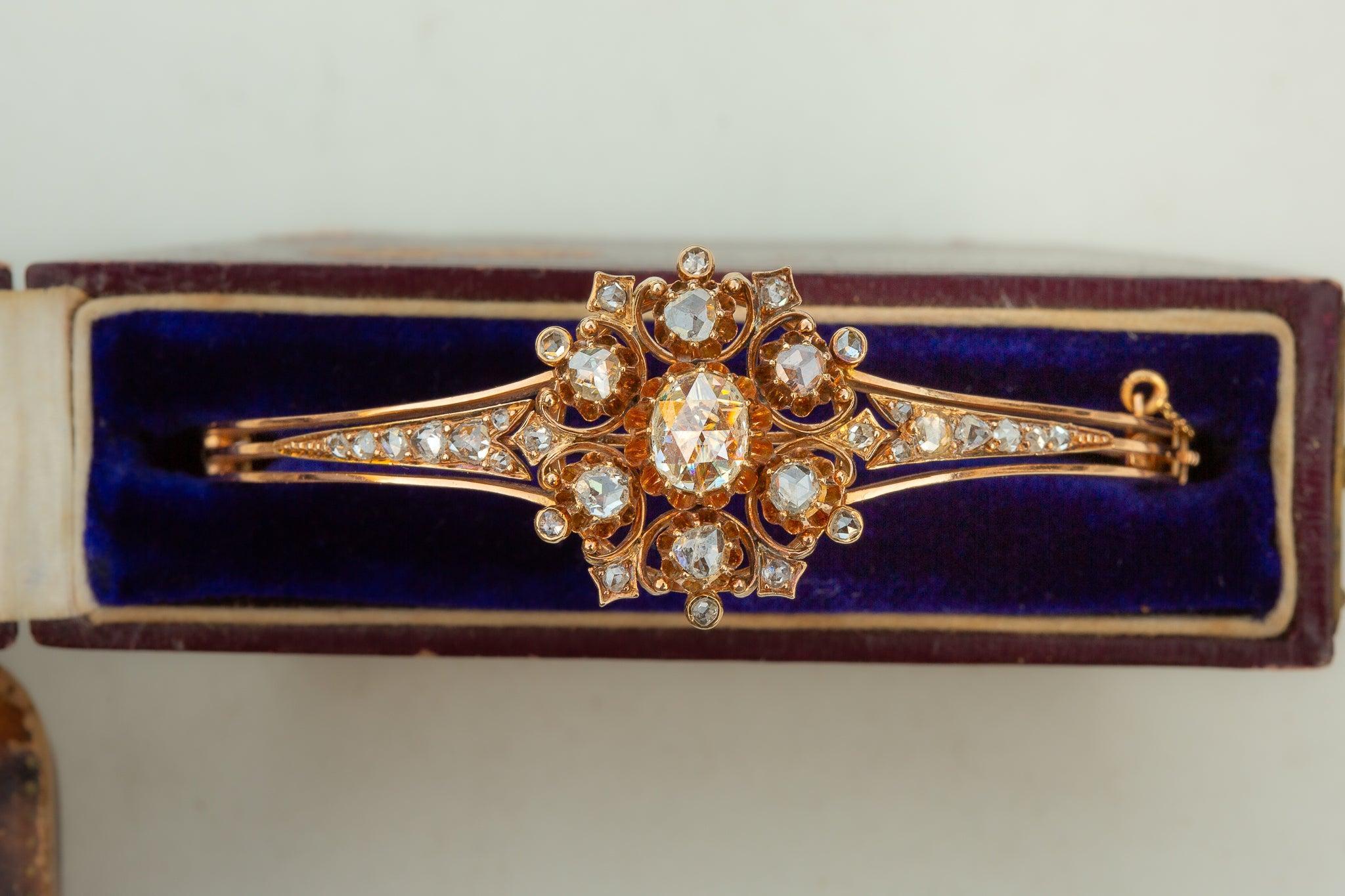 Antique Gold Victorian Rose Cut Diamond Bangle 14K Diamond Cluster Bracelet For Sale 2