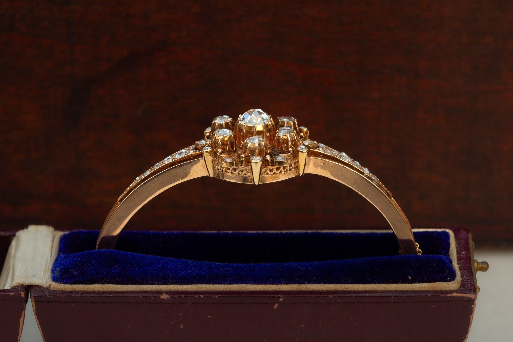 Antique Gold Victorian Rose Cut Diamond Bangle 14K Diamond Cluster Bracelet For Sale 3