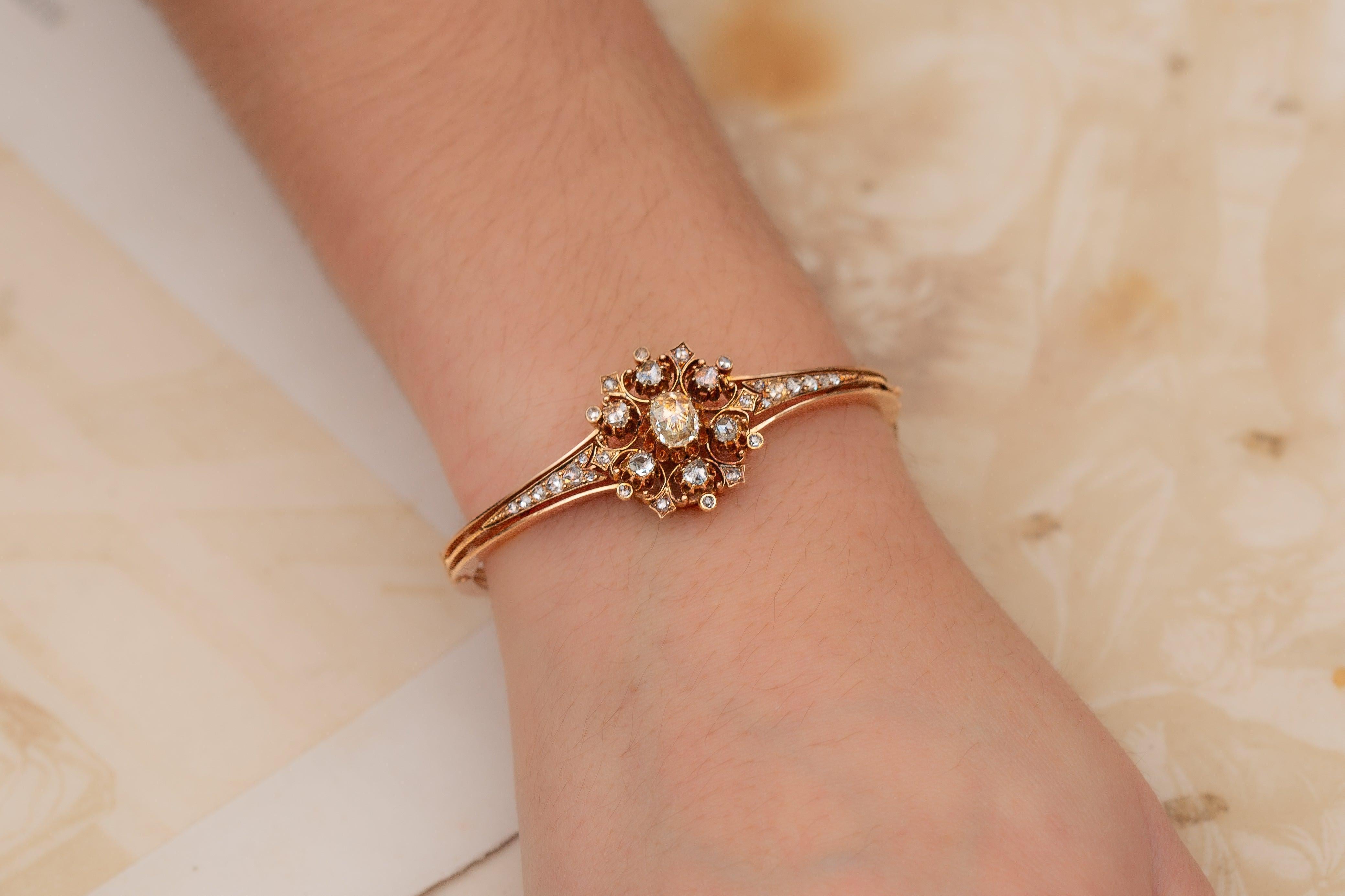 Antique Gold Victorian Rose Cut Diamond Bangle 14K Diamond Cluster Bracelet For Sale 4