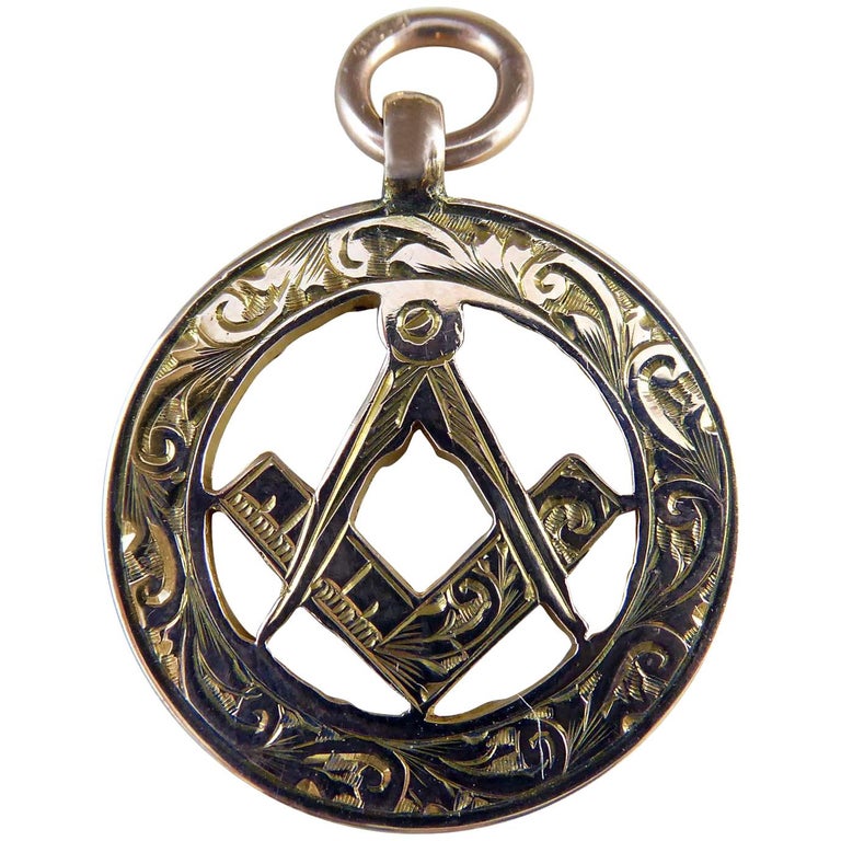 Antique Gold Watch Fob with Freemason Symbolism, Birmingham, 1911 at