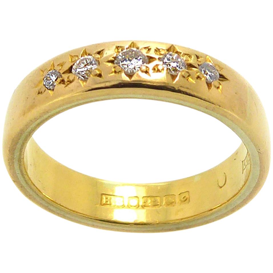 Antique Gold Wedding Band Set with Five Old Cut Diamonds, 22 Carat Gold, 1914