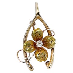 Antique Gold Wishbone & Four Leaf Clover Brooch, Old European Cut Diamond
