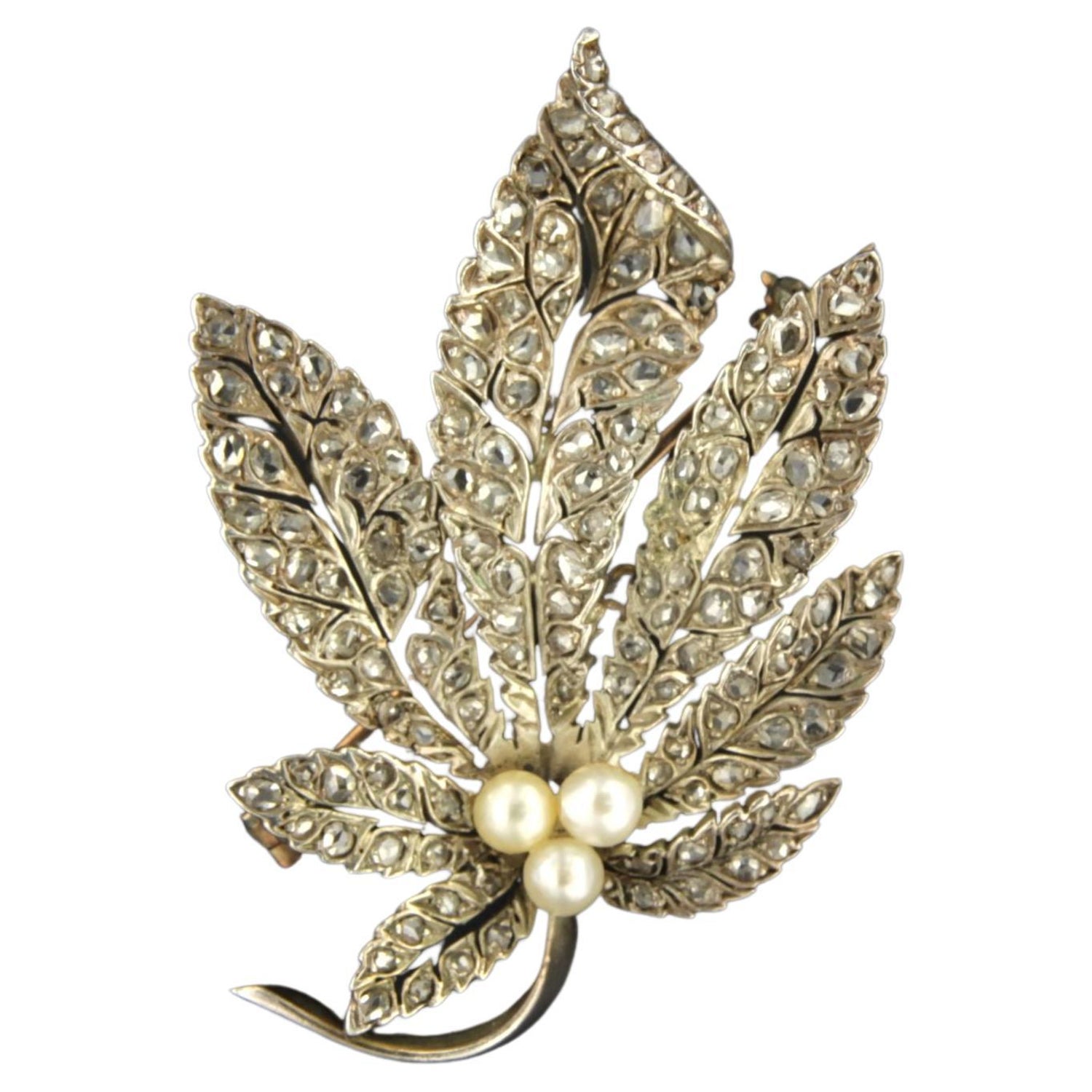 Antique Silver on Gold and Diamond Ivy Brooch For Sale at 1stDibs