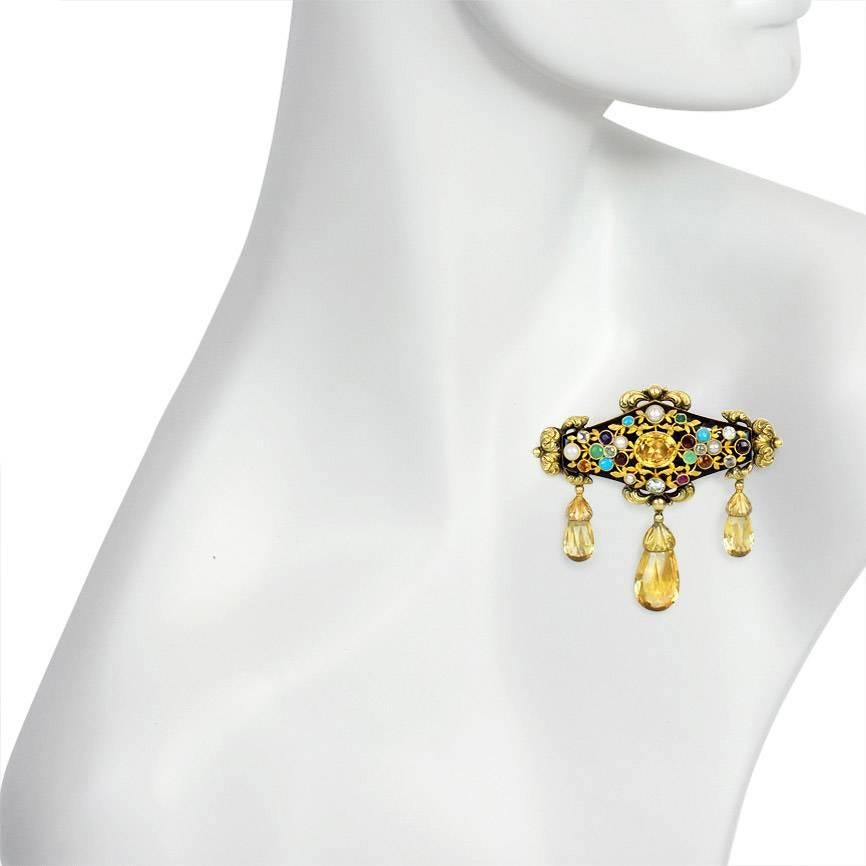 Georgian Antique Gold, Black Enamel and Multi-Gemstone Brooch with Citrine Drops