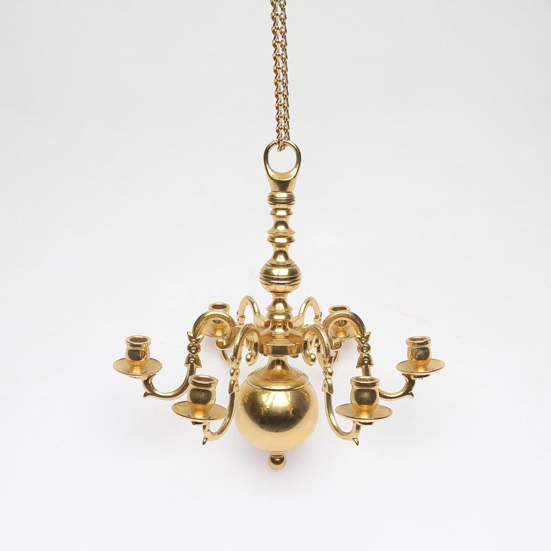 Swedish Antique Golden Candle CEILING LAMP, Pendant Light Long Art Deco Chandelier 50's  For Sale