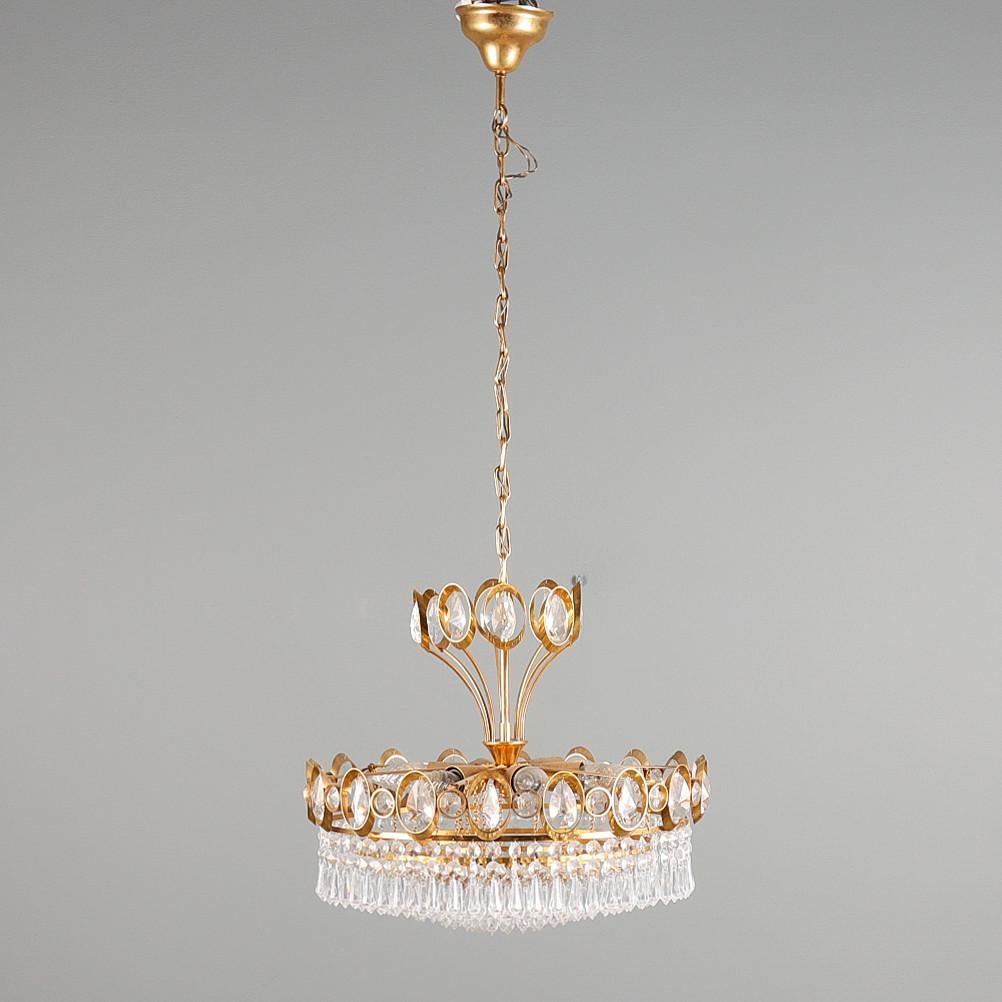 Plated Antique Golden CEILING LAMP, Pendant Light Long Art Deco Chandelier 50's For Sale