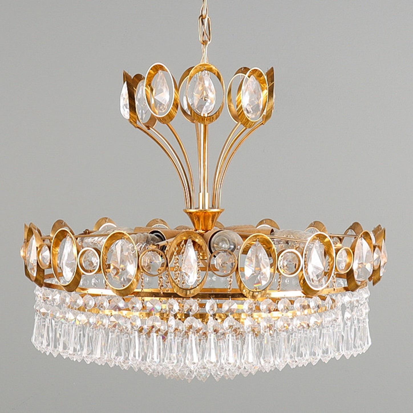Antique Golden CEILING LAMP, Pendant Light Long Art Deco Chandelier 50's In Excellent Condition For Sale In Hampshire, GB