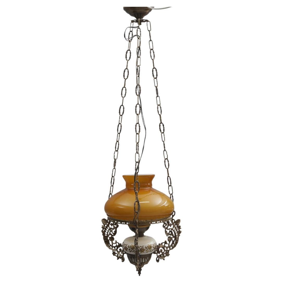 Antiker goldener CEILING LAMP, lange Art-Déco-Kronleuchter mit Hängeleuchte, 50er Jahre