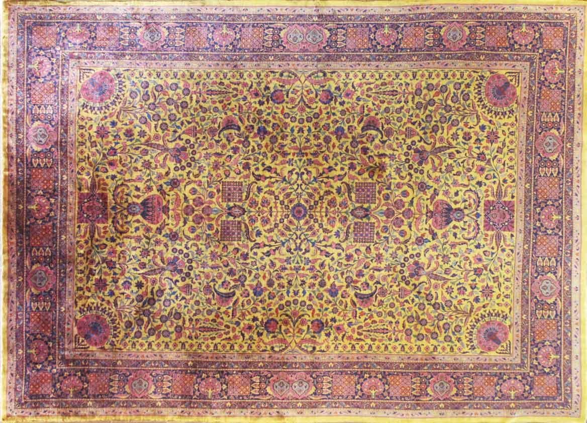 Antique Golden Manchester Kashan Carpet, The Finest, 10' x 14', c-1910, Super fine antique handmade Manchester wool Kashan carpet, A master piece in rare gold background color with allover traditional floral design, This antique carpet is in secured