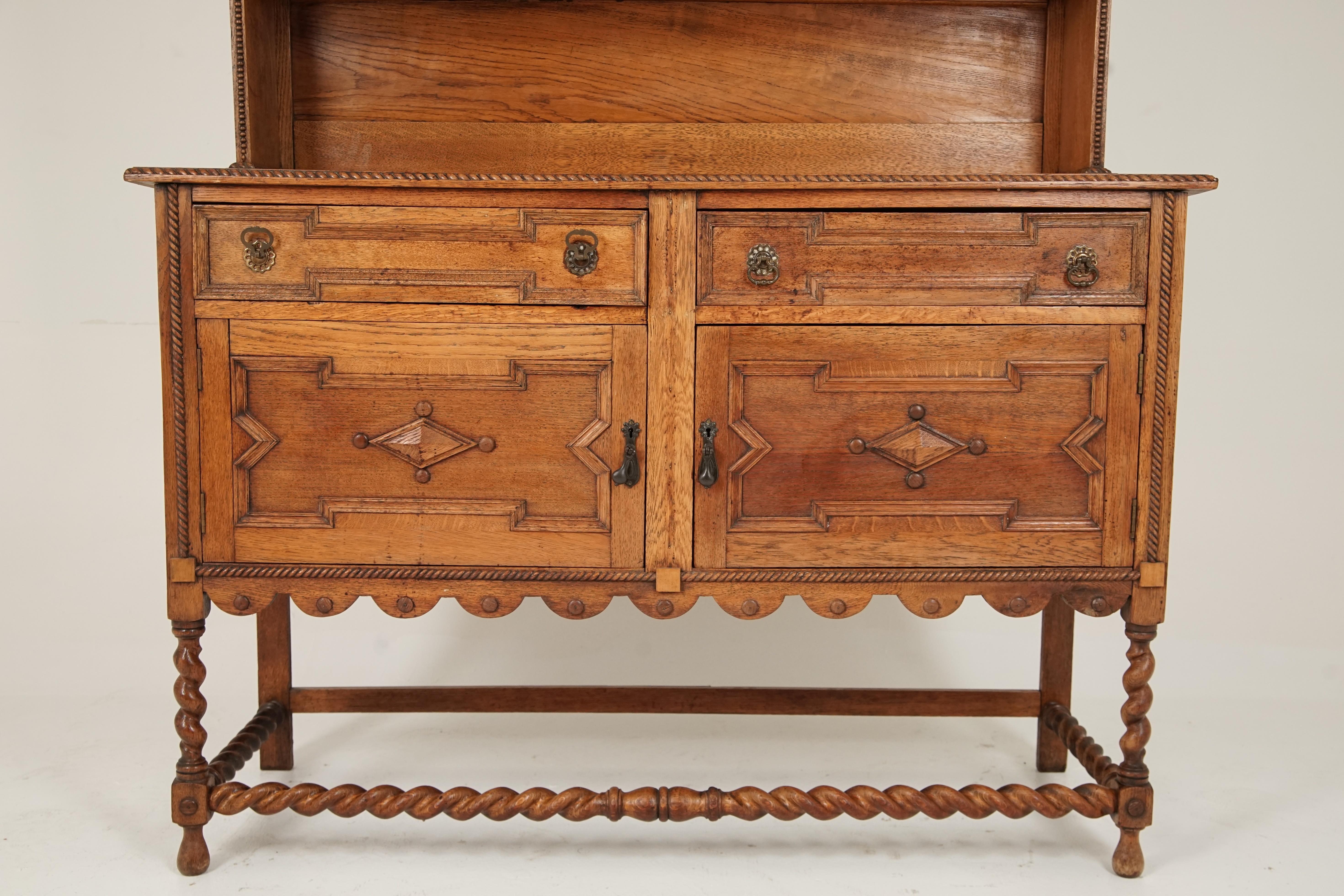 Antique golden oak barley twist welsh dresser, plate rack, Scotland 1920, B2452

Scotland 1920
Solid oak
Original finish
Moulded cornice above with detailed frieze to the front
Pair of open shelves with plate rails
Beading on the front of the