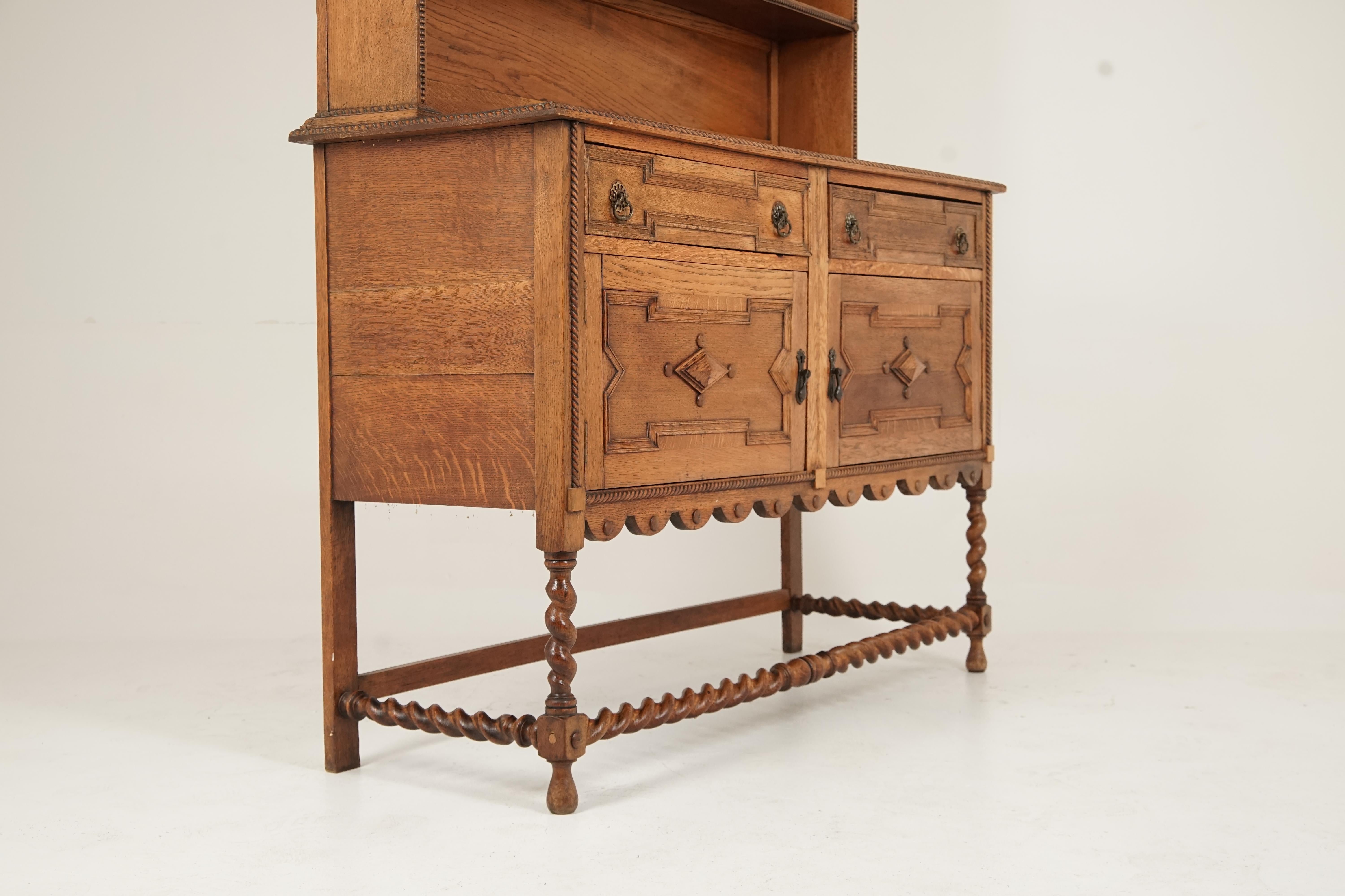 Scottish Antique Golden Oak Barley Twist Welsh Dresser, Plate Rack, Scotland, 1920