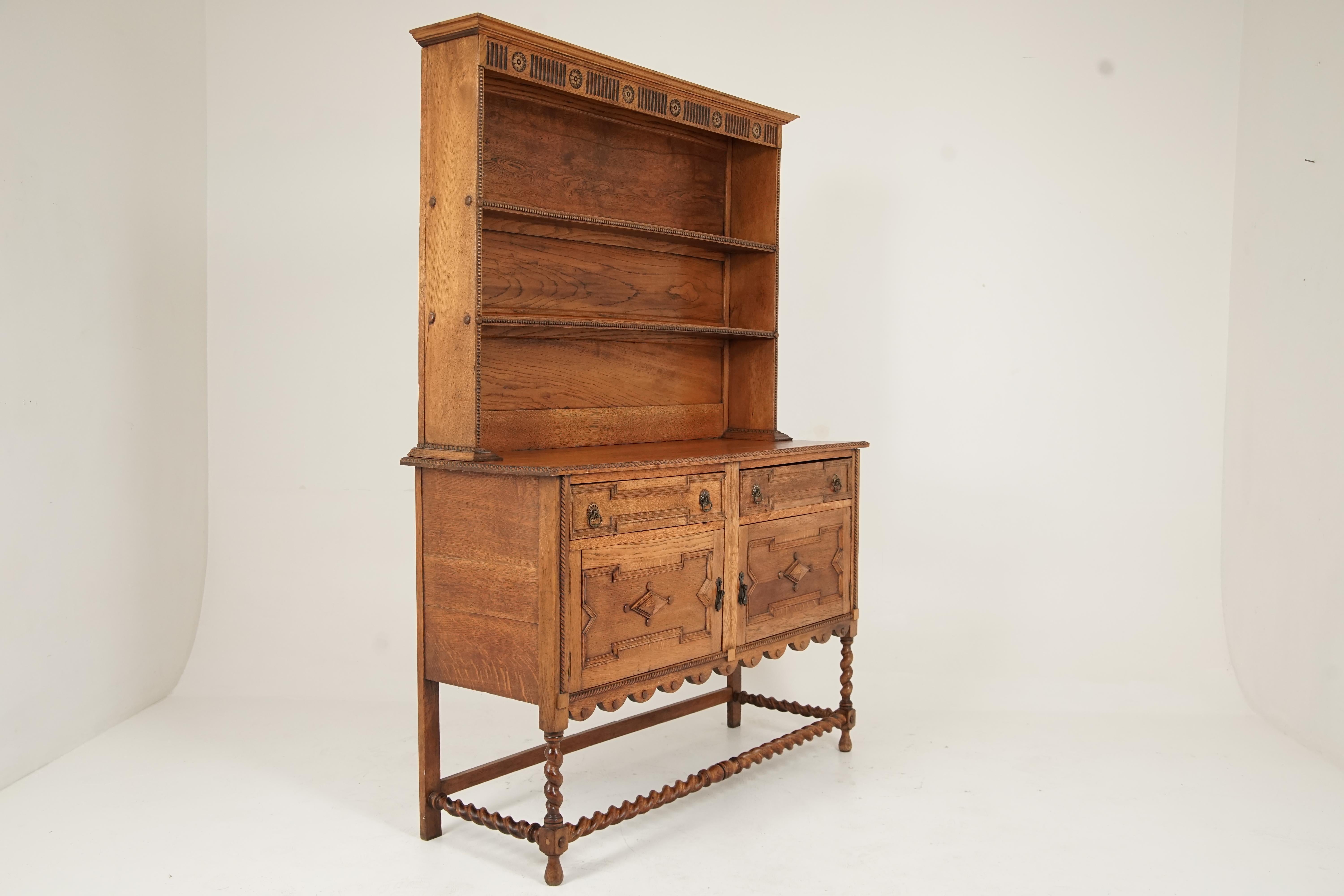 Hand-Crafted Antique Golden Oak Barley Twist Welsh Dresser, Plate Rack, Scotland, 1920