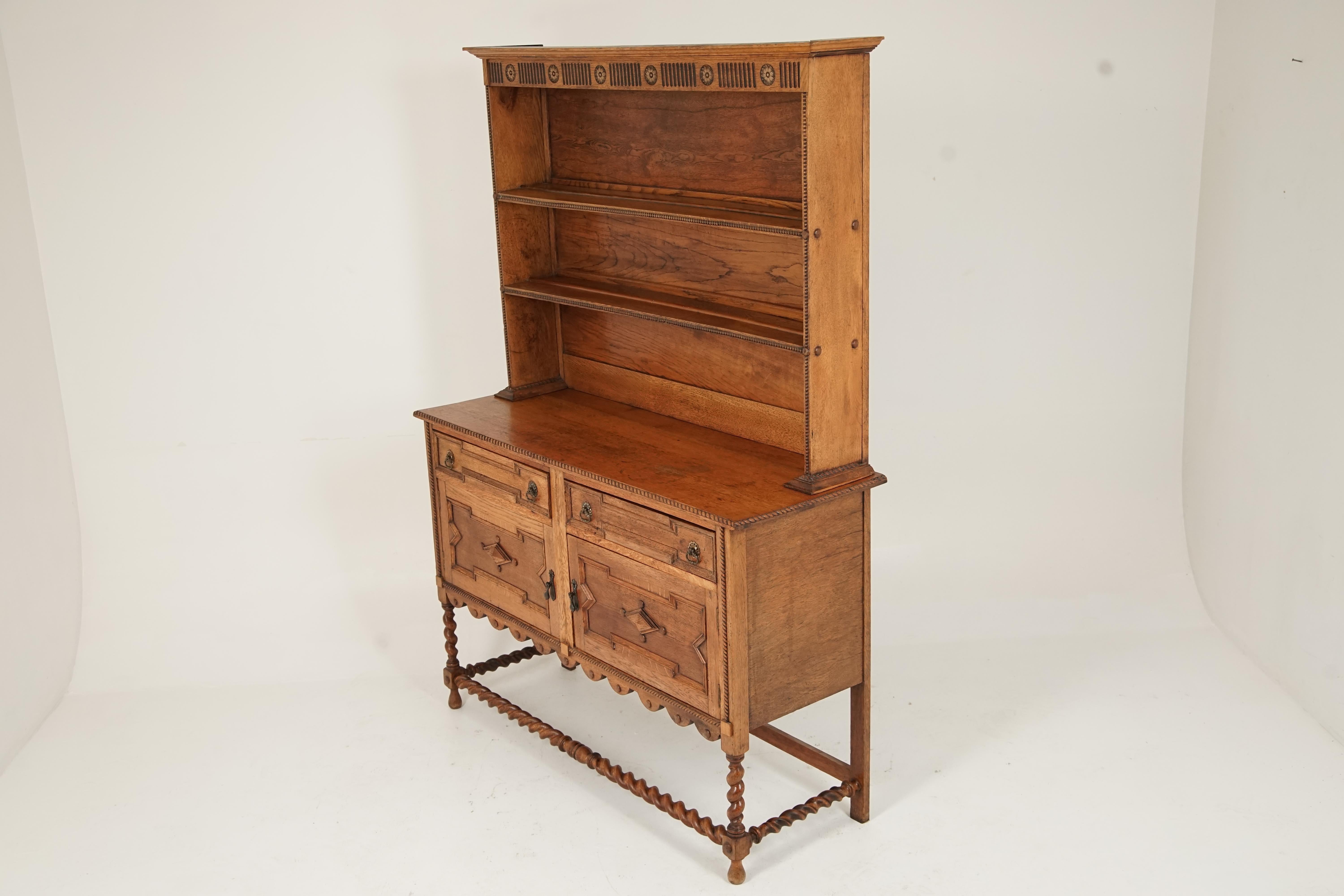 Antique Golden Oak Barley Twist Welsh Dresser, Plate Rack, Scotland, 1920 1