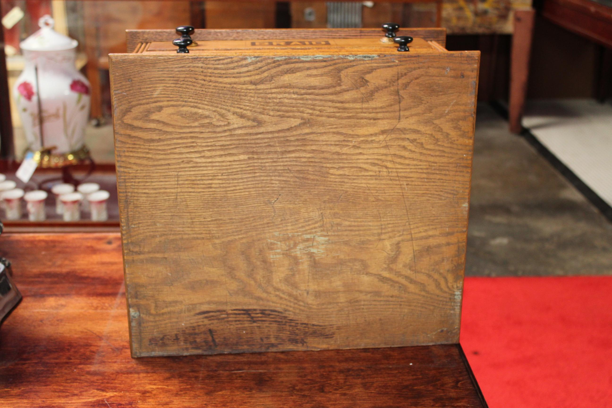 Antique Golden Oak Dexter Braid 2-Drawer Spool Cabinet For Sale 5