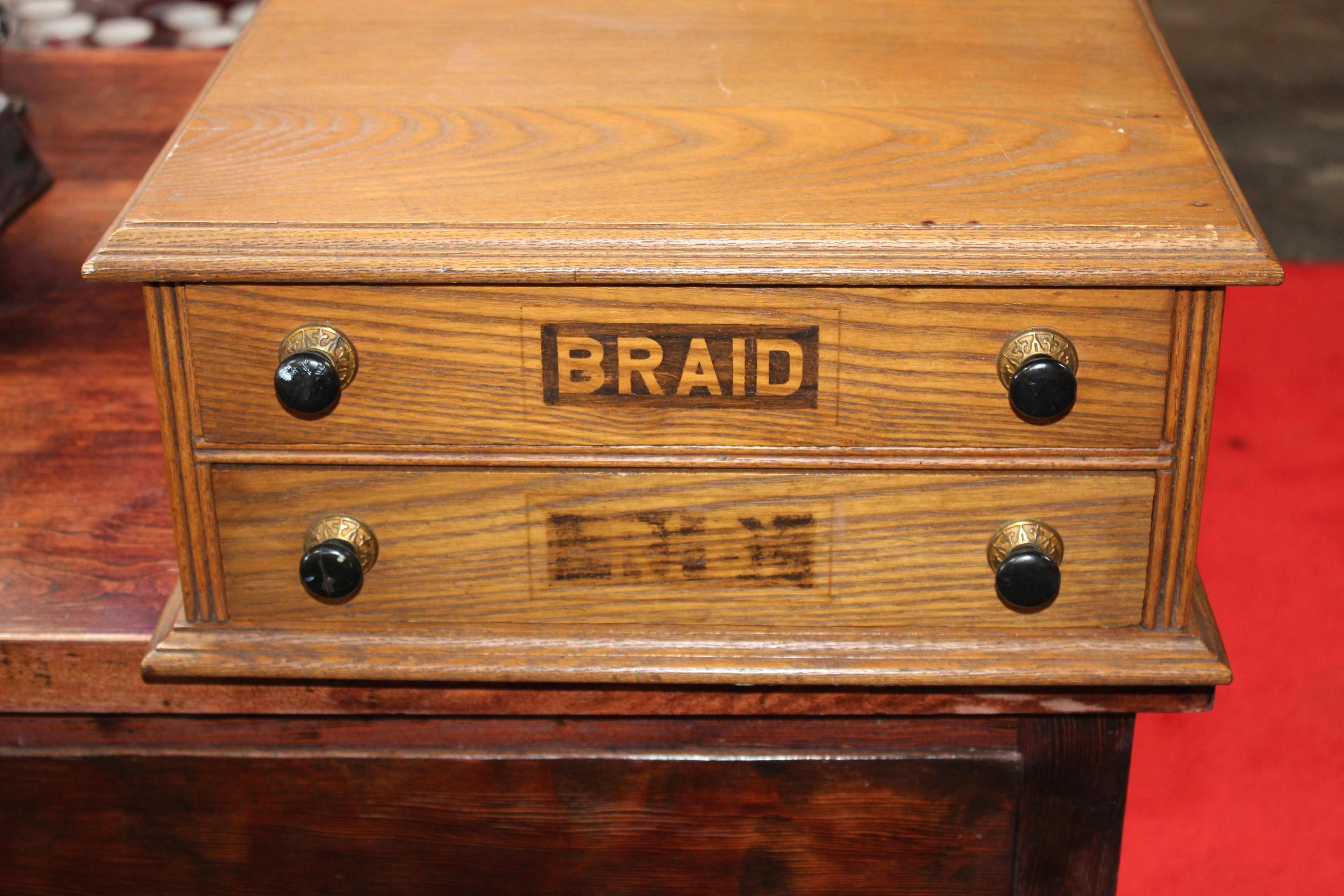 American Antique Golden Oak Dexter Braid 2-Drawer Spool Cabinet For Sale