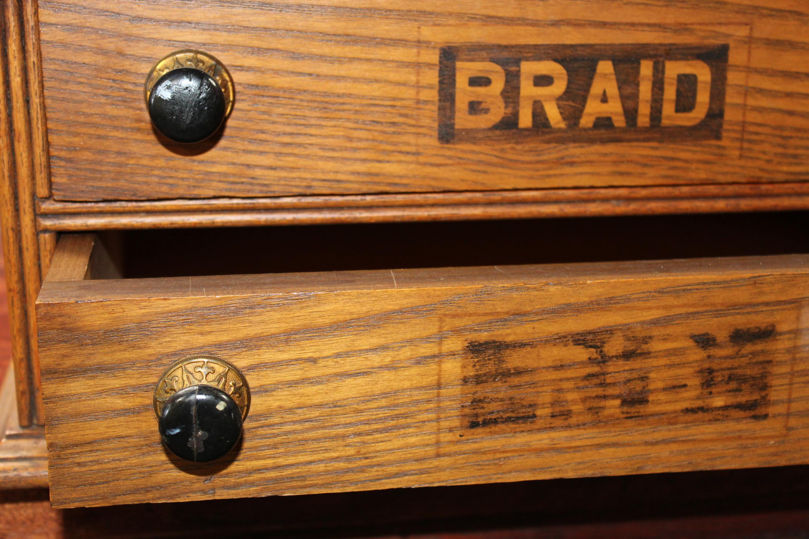 Antique Golden Oak Dexter Braid 2-Drawer Spool Cabinet In Fair Condition For Sale In Orange, CA
