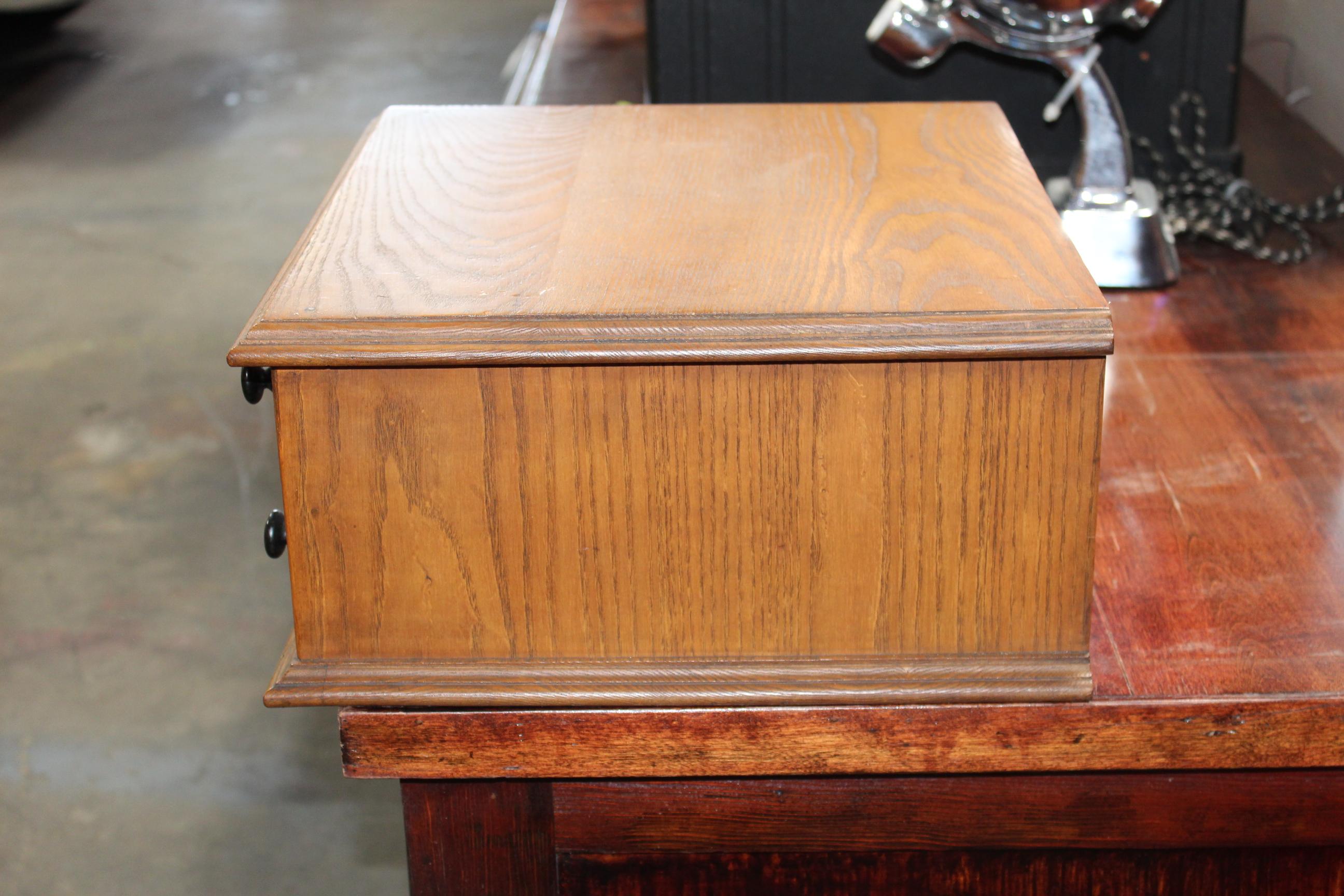 Antique Golden Oak Dexter Braid 2-Drawer Spool Cabinet For Sale 1