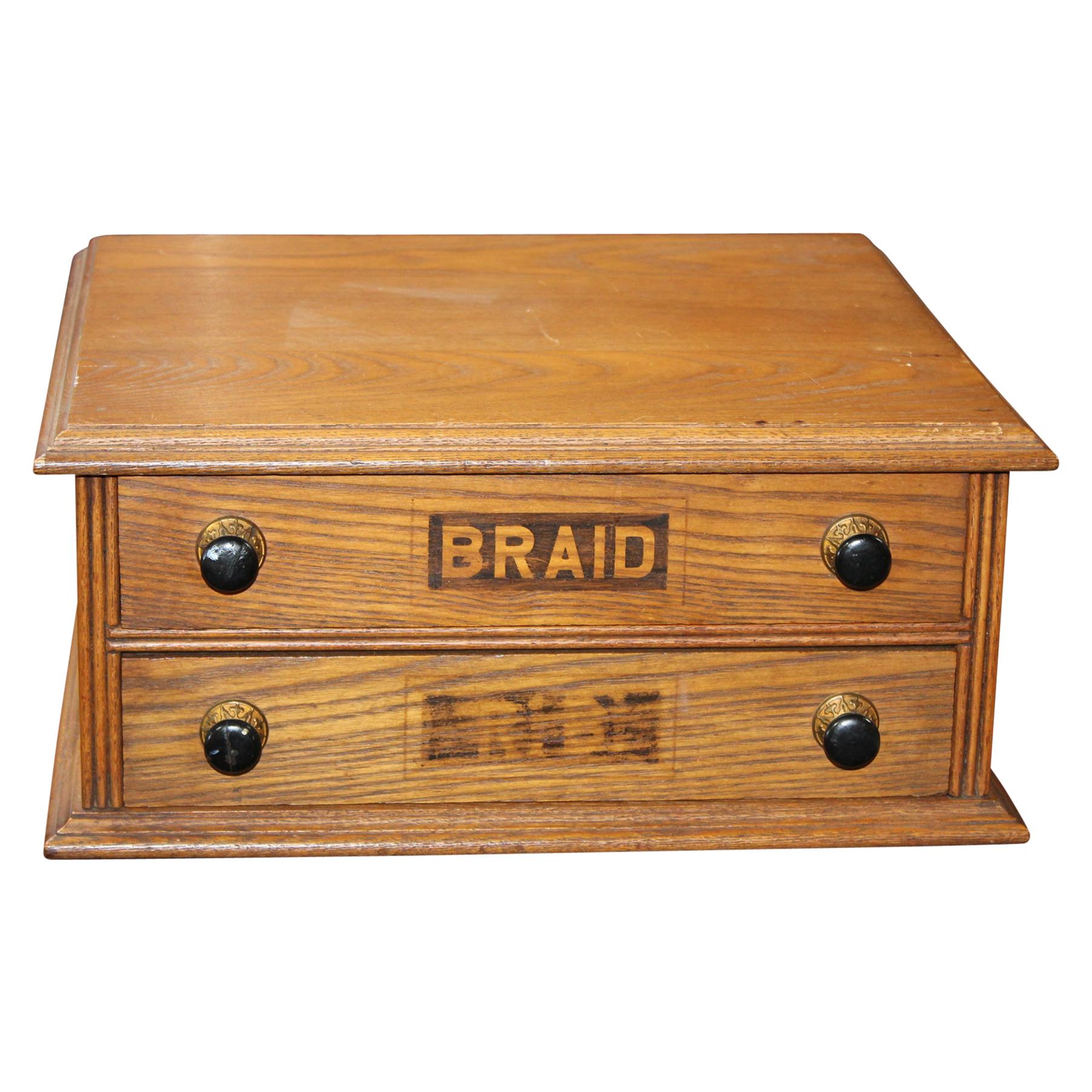 Antique Golden Oak Dexter Braid 2-Drawer Spool Cabinet For Sale