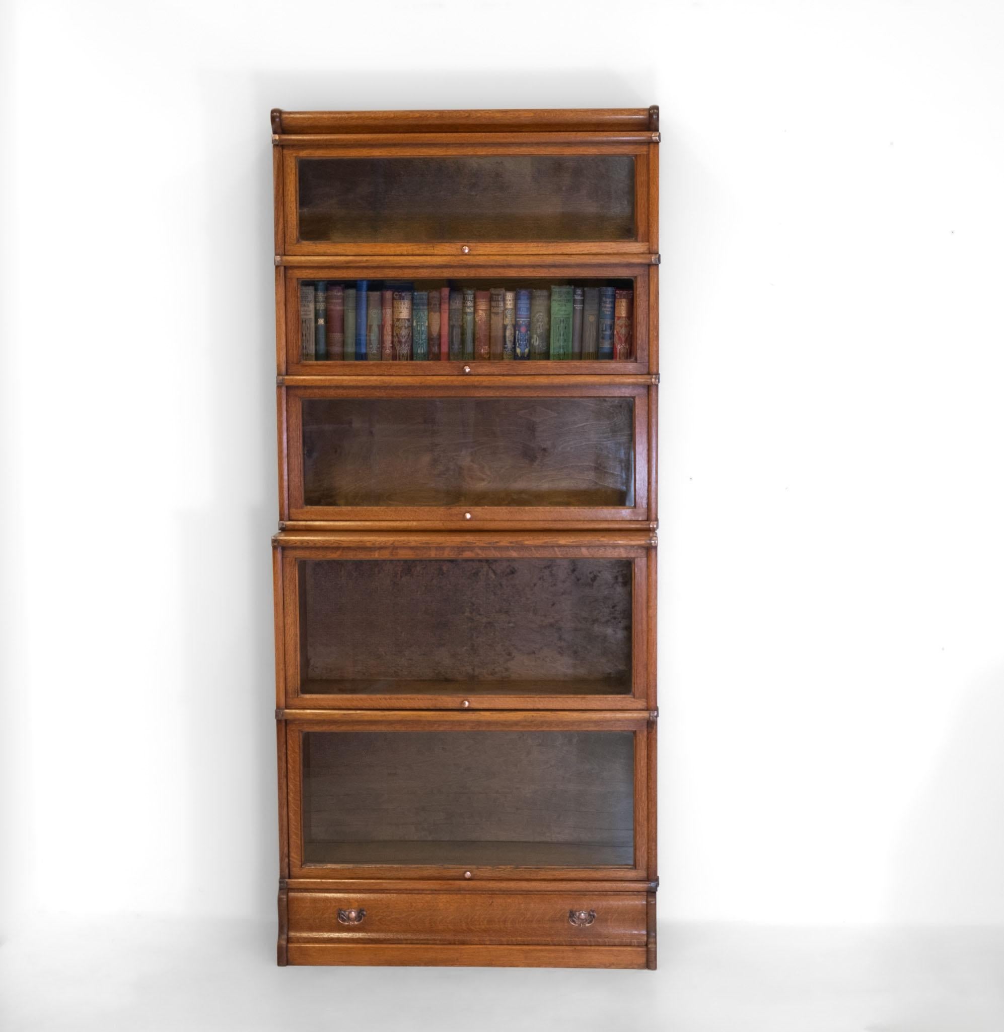 Antique Golden Oak English Globe Wernicke  Five Section Bookcase With Drawer 9