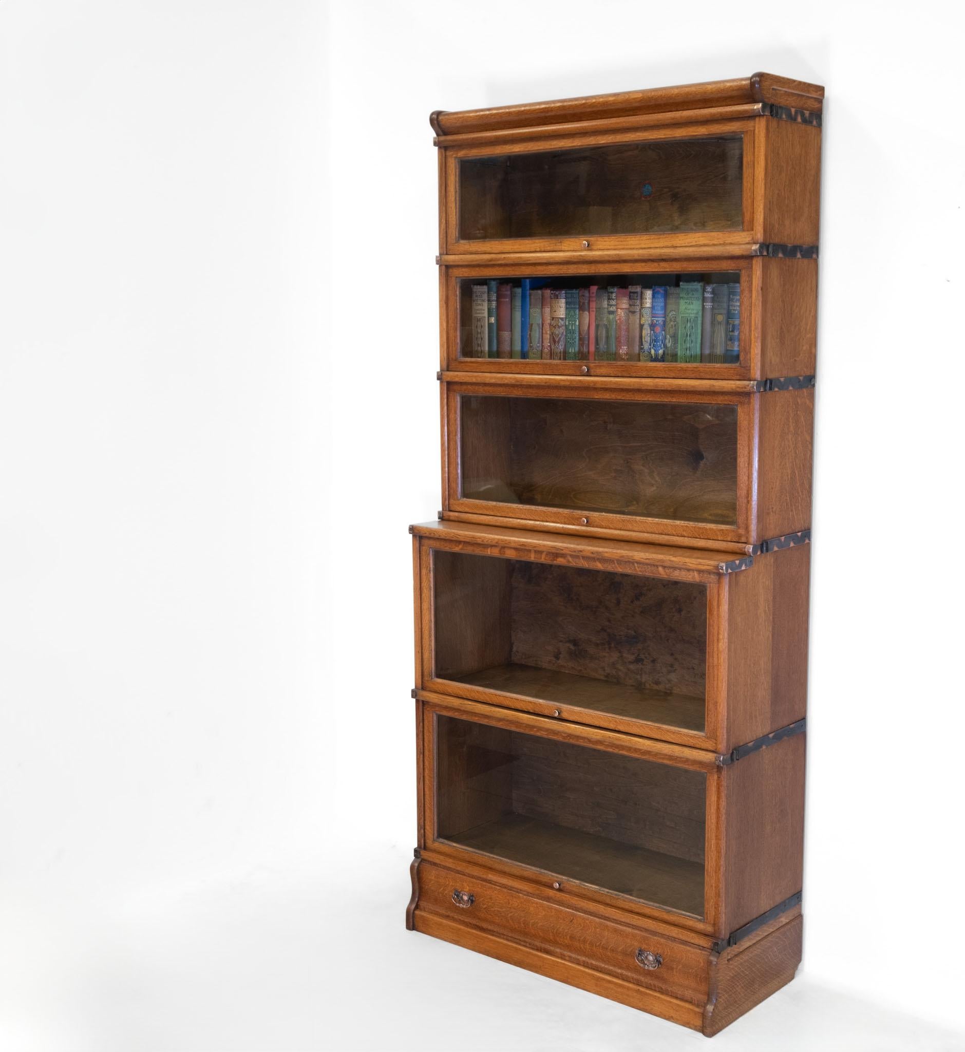 Antique Golden Oak English Globe Wernicke  Five Section Bookcase With Drawer 10