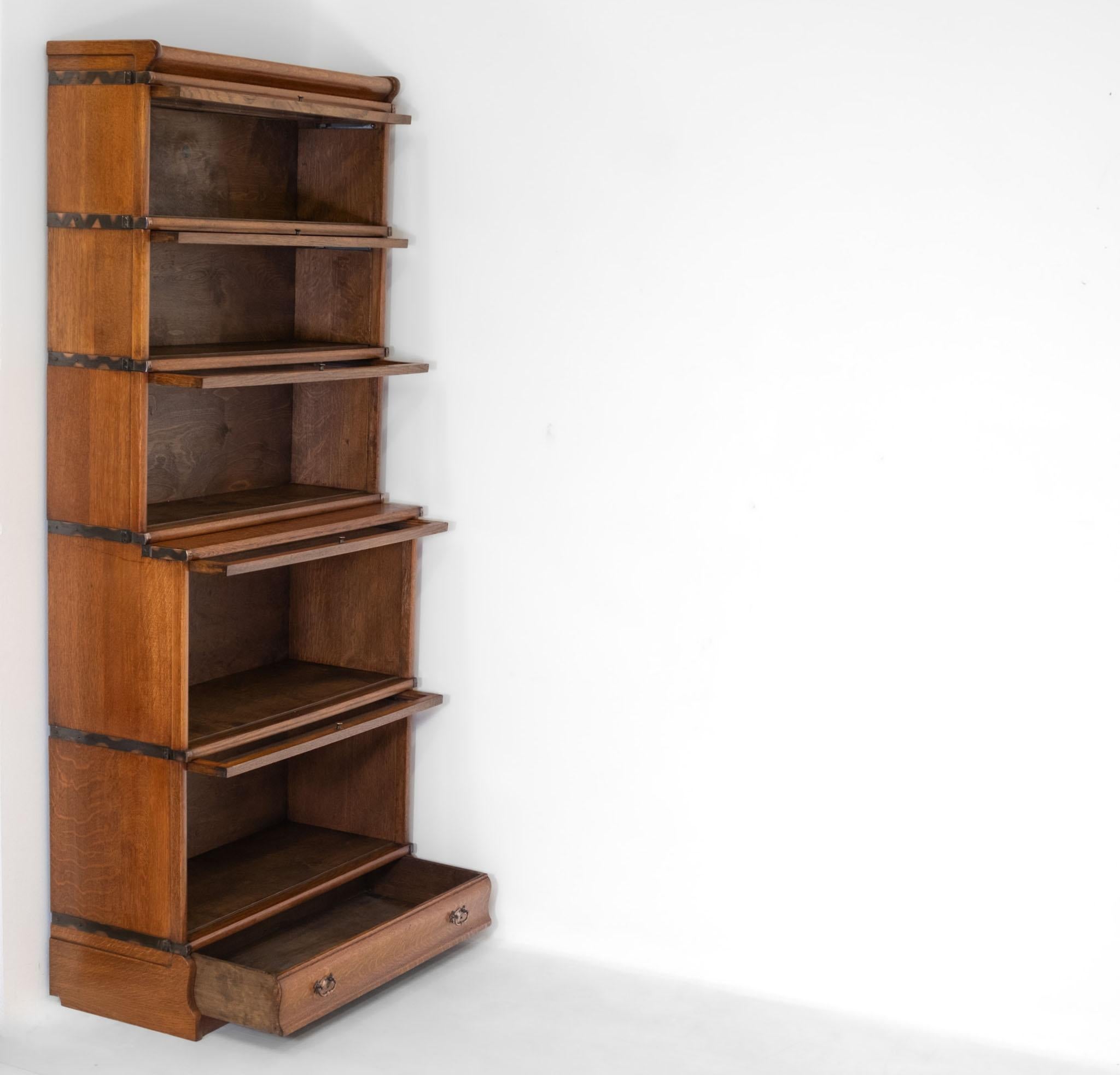 Arts and Crafts Antique Golden Oak English Globe Wernicke  Five Section Bookcase With Drawer