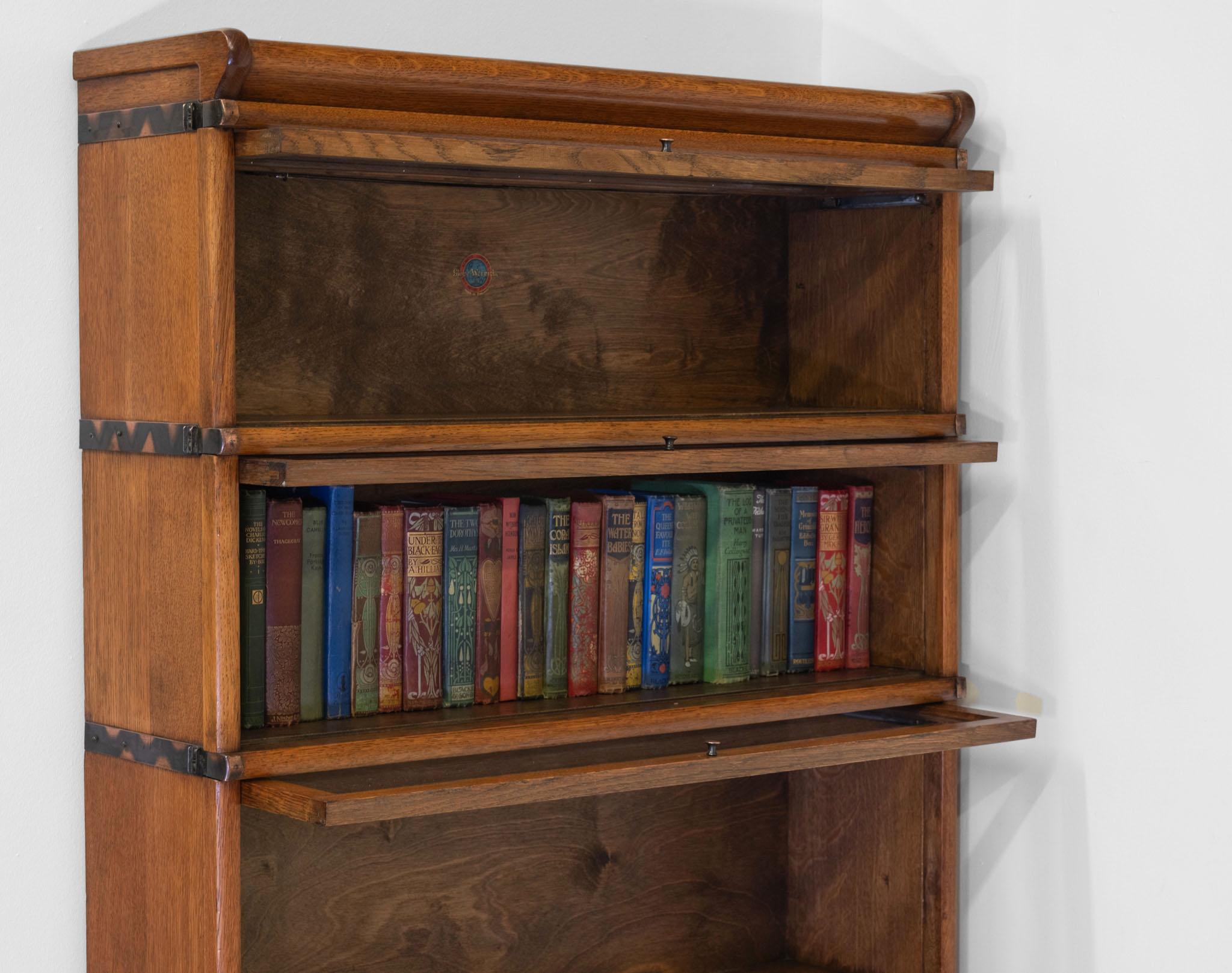 British Antique Golden Oak English Globe Wernicke  Five Section Bookcase With Drawer