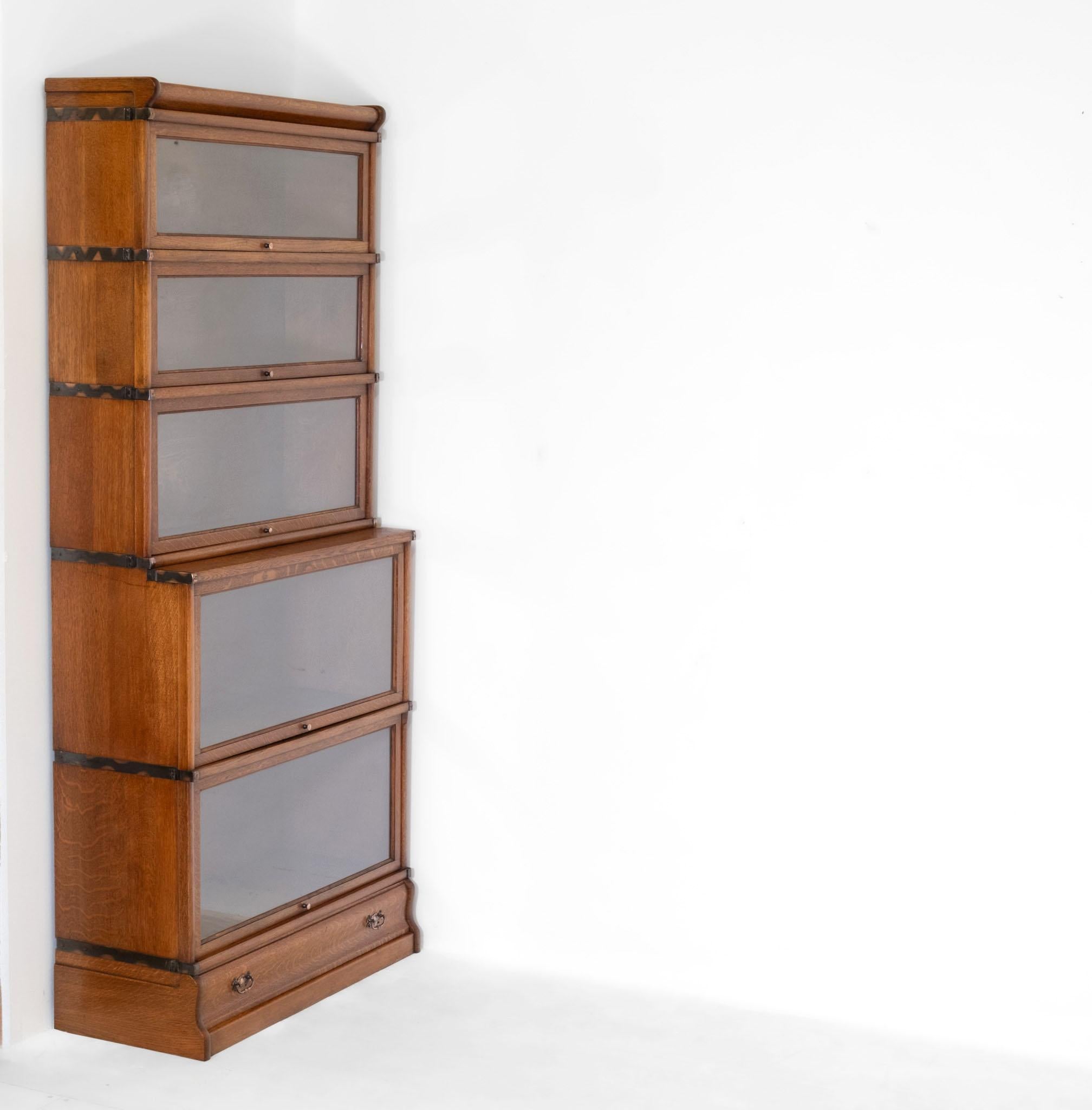 Metal Antique Golden Oak English Globe Wernicke  Five Section Bookcase With Drawer